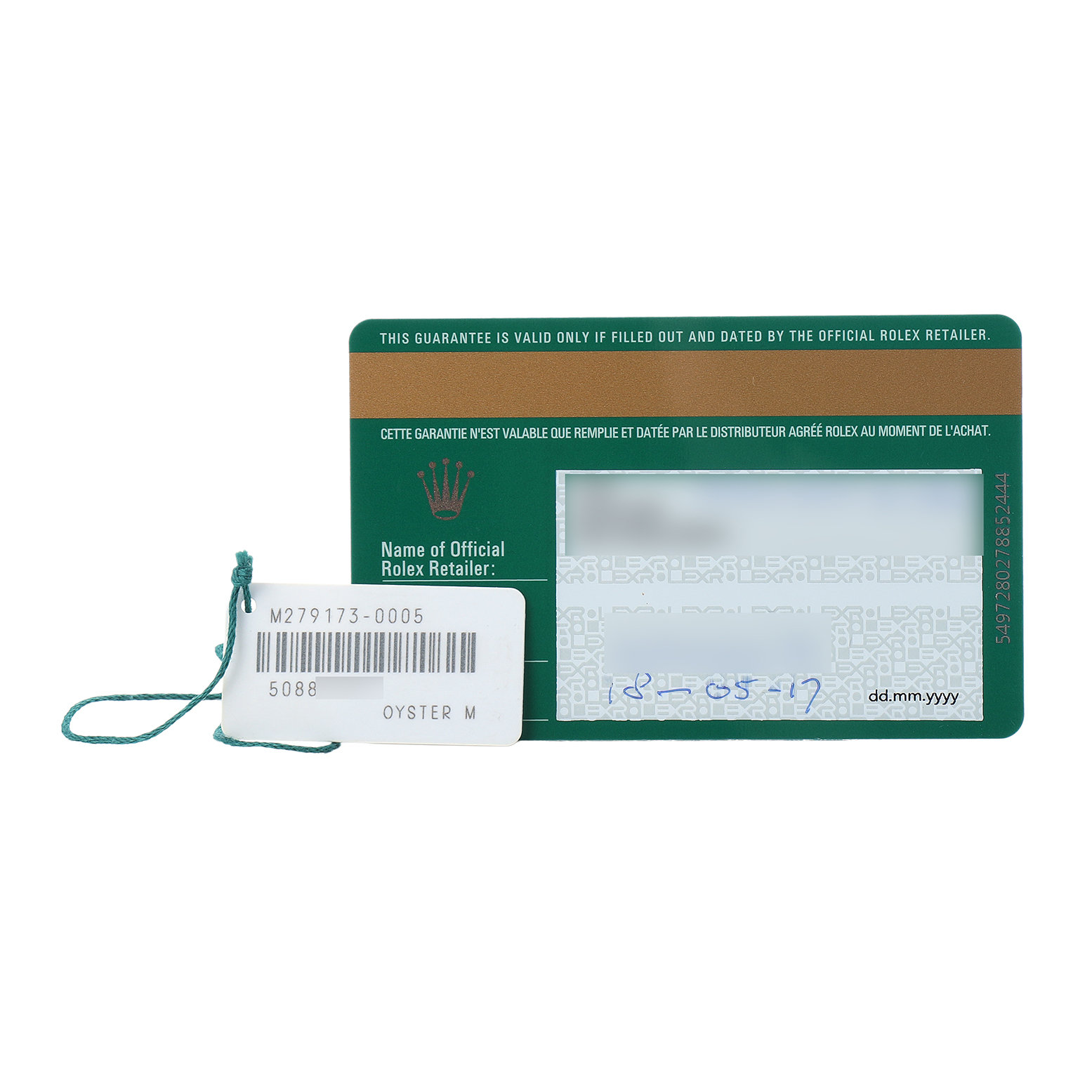 The image shows a Rolex Datejust 279173 Women's Steel and Gold (two tone) Silver Dial warranty card and hangtag, both flat and clearly visible.