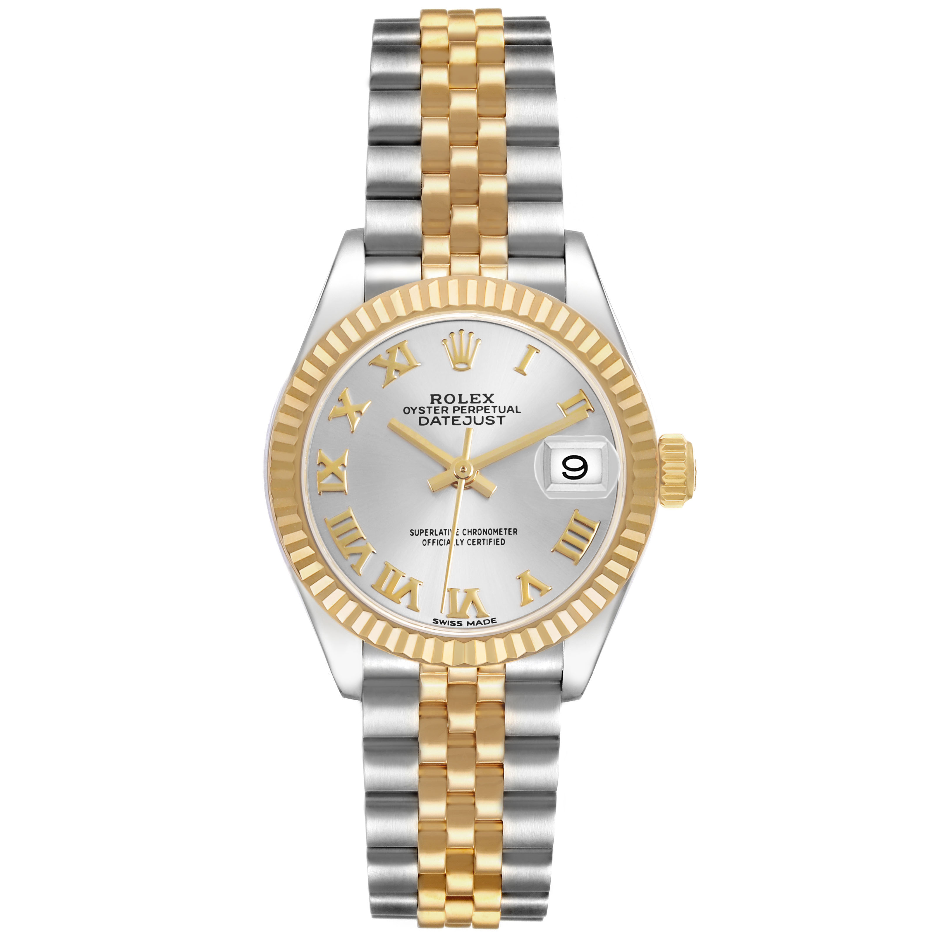 The Rolex Datejust 279173 Women's Steel and Gold (two tone) Silver Dial watch is shown from the front, highlighting the face, fluted bezel, and two-tone bracelet.