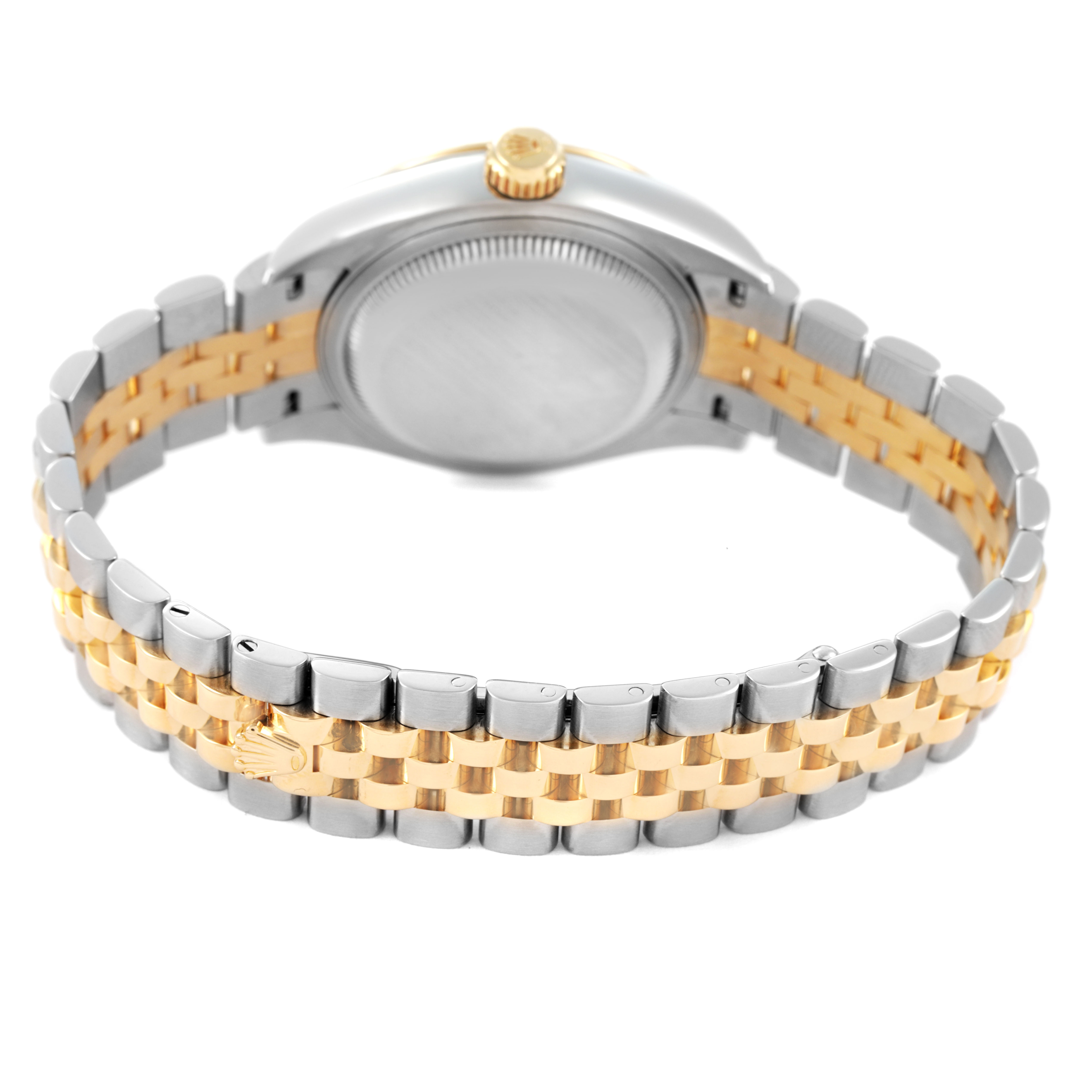 The image shows the back view of a Rolex Datejust 279173 Women's Steel and Gold (two tone) Silver Dial watch, highlighting its gold and silver jubilee bracelet and case back.