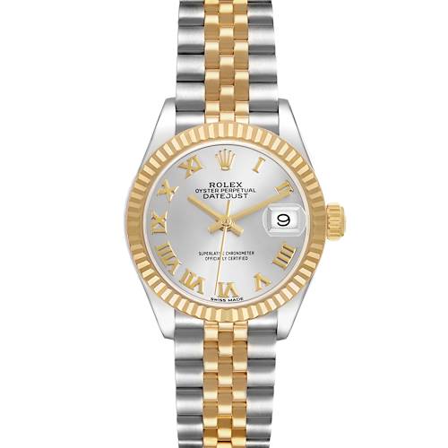 The Rolex Datejust 279173 Women's Steel and Gold (two tone) Silver Dial watch is shown from the front, displaying the face, dial, bezel, crown, and jubilee bracelet.
