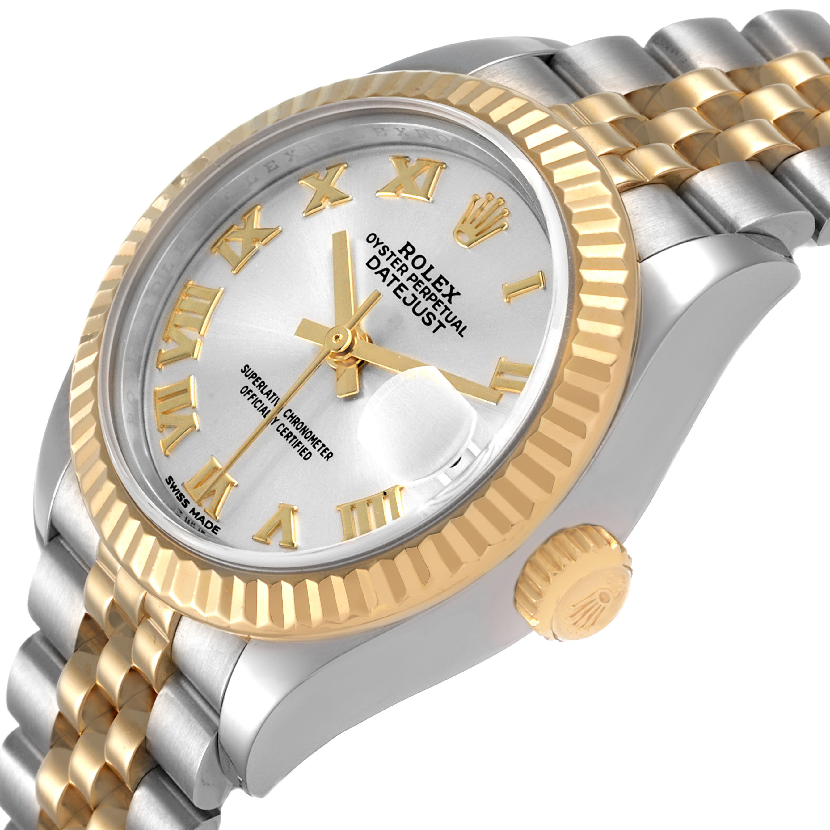 The Rolex Datejust 279173 Women's Steel and Gold (two tone) Silver Dial is shown from an angled side view, highlighting the dial, bezel, case, and bracelet.