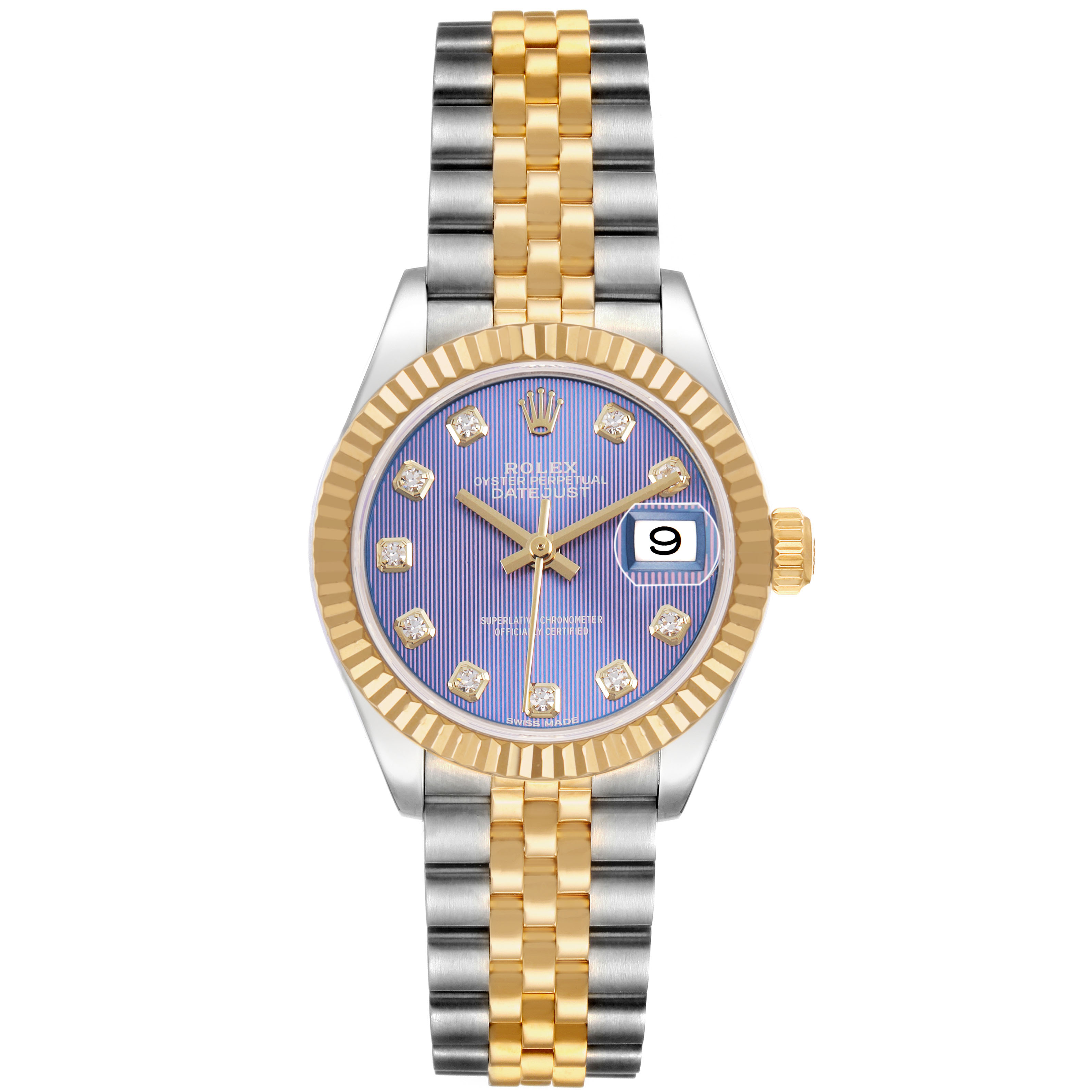 The Rolex Datejust 279173 Women's Steel and Gold (two tone) Purple Dial watch is shown from a front view, highlighting its gold and silver bracelet, fluted bezel, and blue dial.