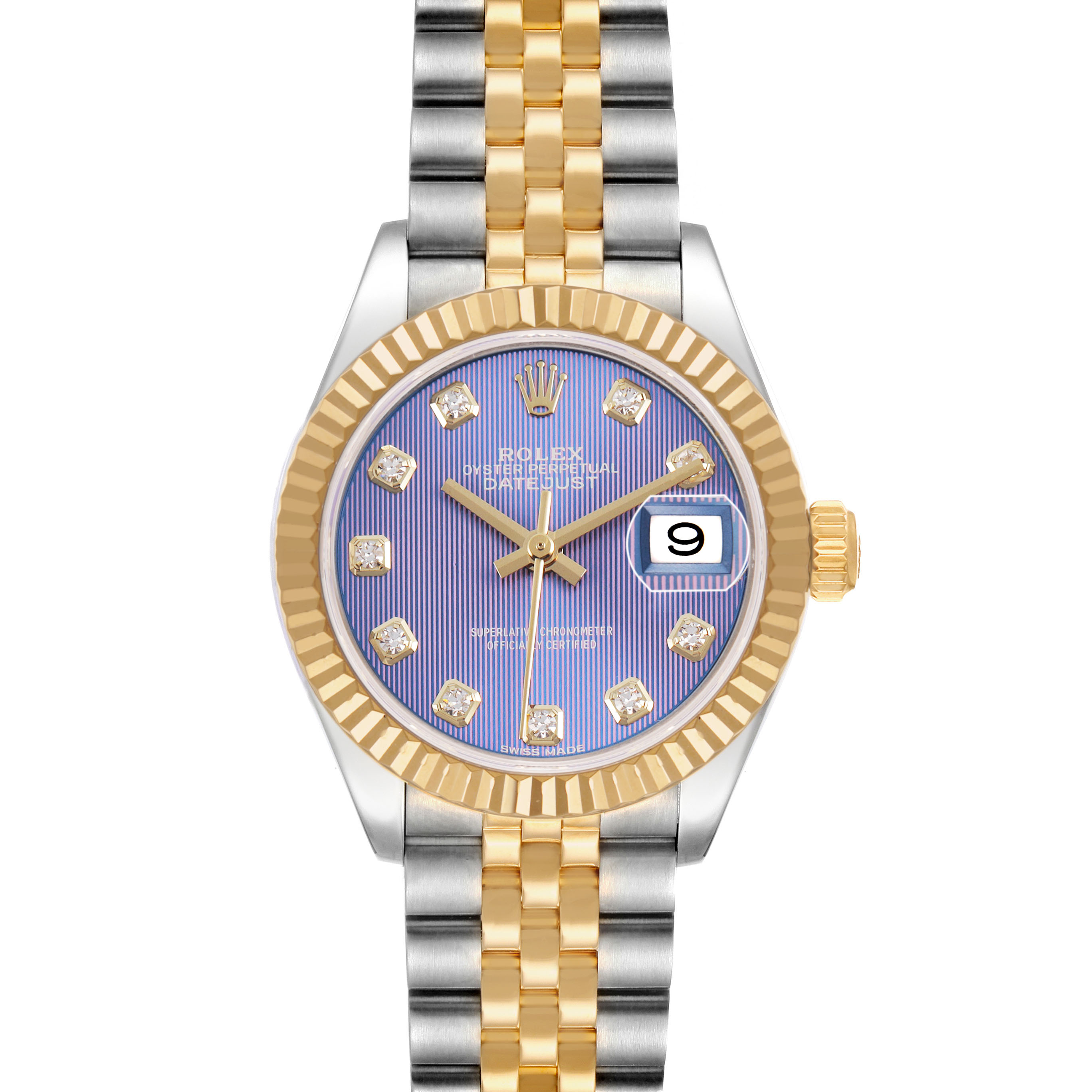 The Rolex Datejust 279173 Women's Steel and Gold (two tone) Purple Dial watch is shown from the front, highlighting its blue dial, diamond hour markers, fluted bezel, and two-tone bracelet.