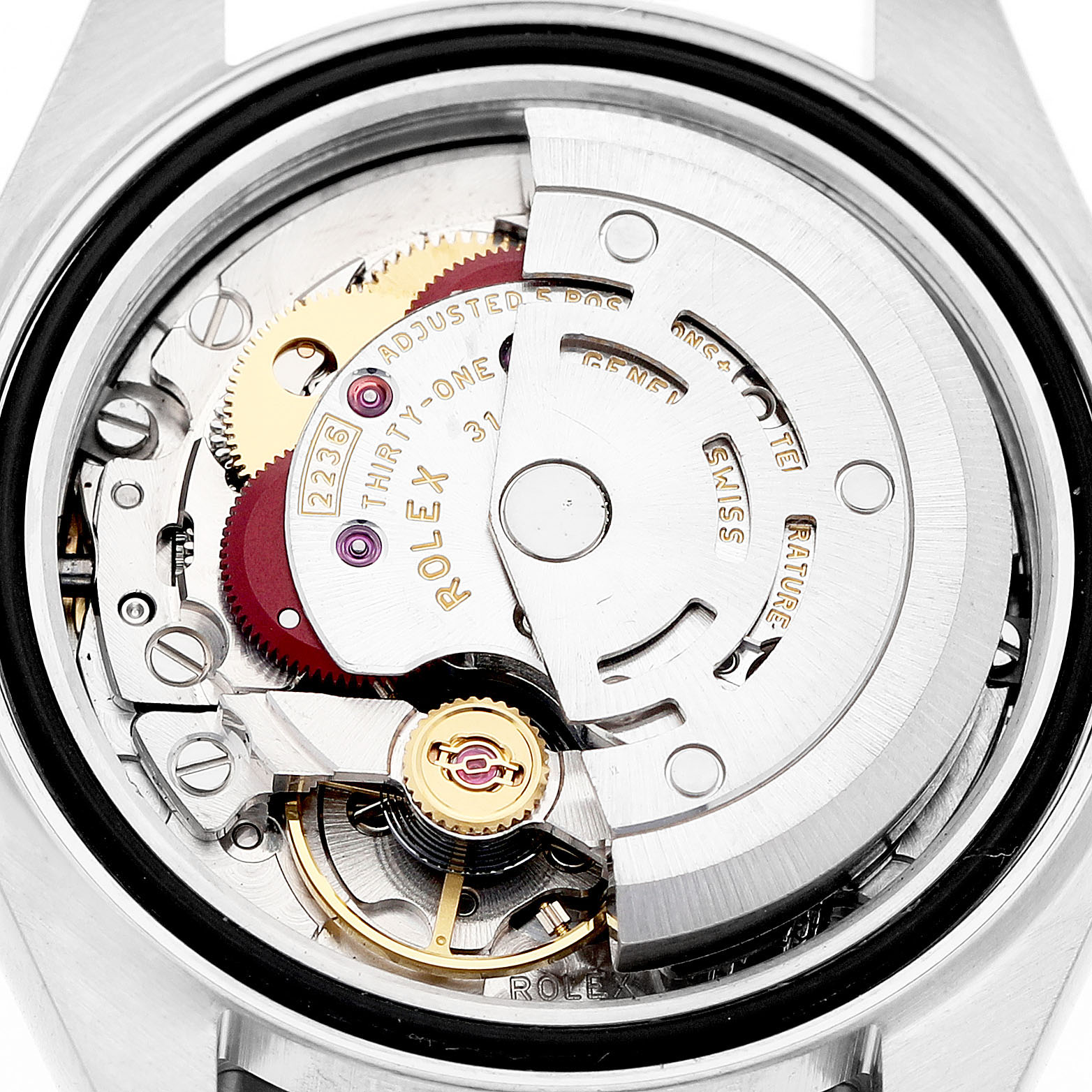 The image shows the movement and inner mechanisms of a Rolex Datejust 279173 Women's Steel and Gold (two tone) Purple Dial watch from the back.
