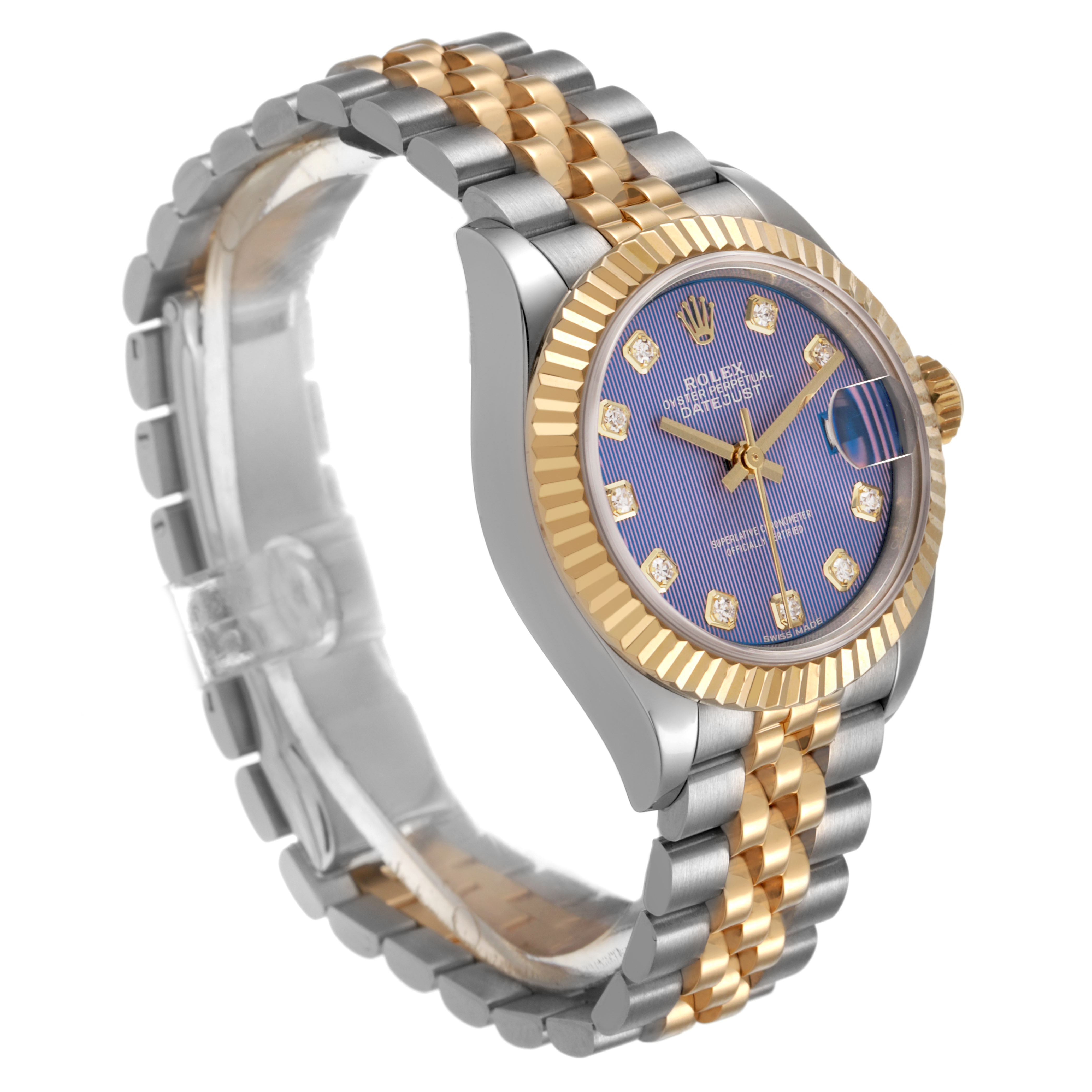 The Rolex Datejust 279173 Women's Steel and Gold (two tone) Purple Dial watch is shown at an angled side view, highlighting its two-tone jubilee bracelet, fluted bezel, and blue dial.