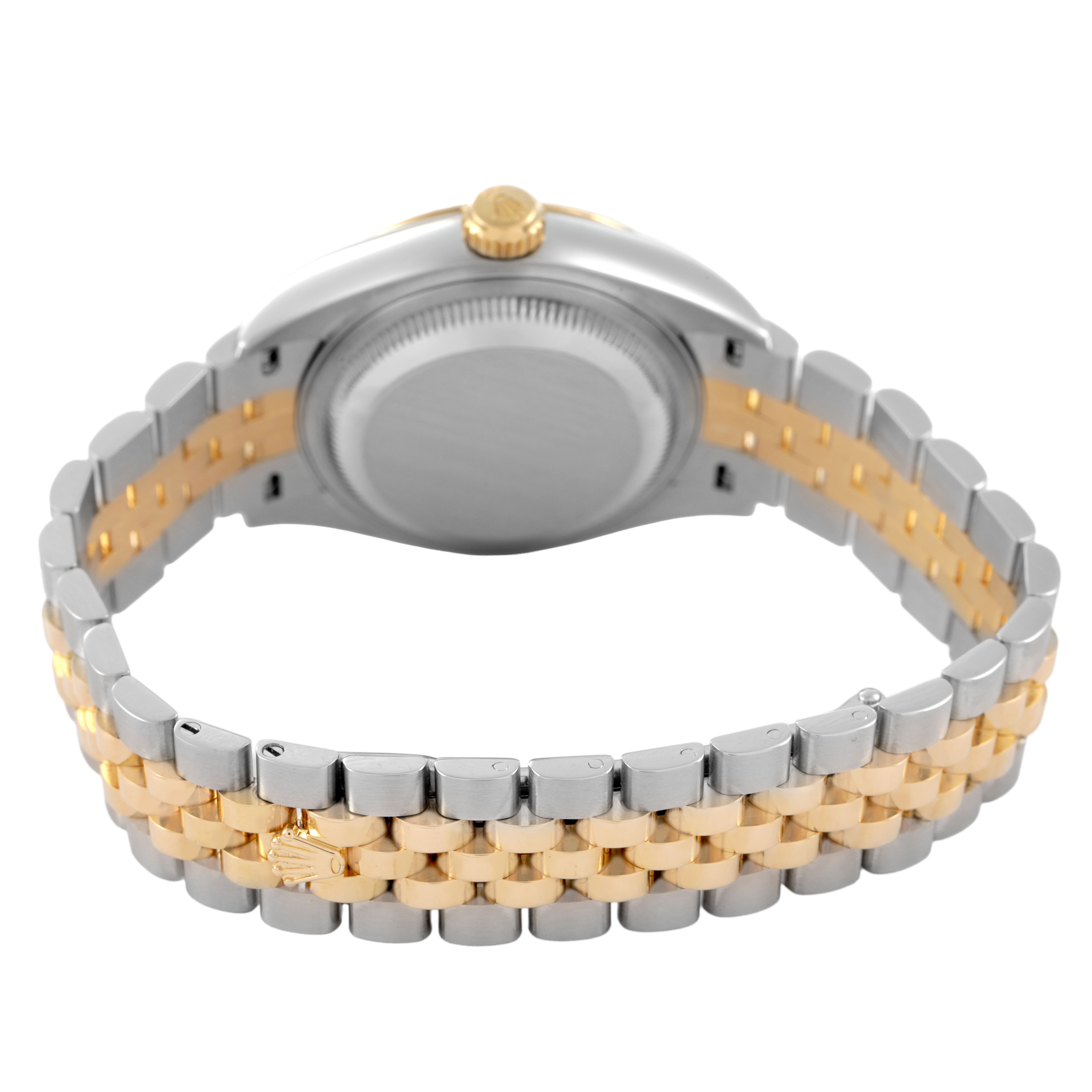 The image shows the back view of a Rolex Datejust 279173 Women's Steel and Gold (two tone) Purple Dial watch, focusing on the gold and silver bracelet and the case back.