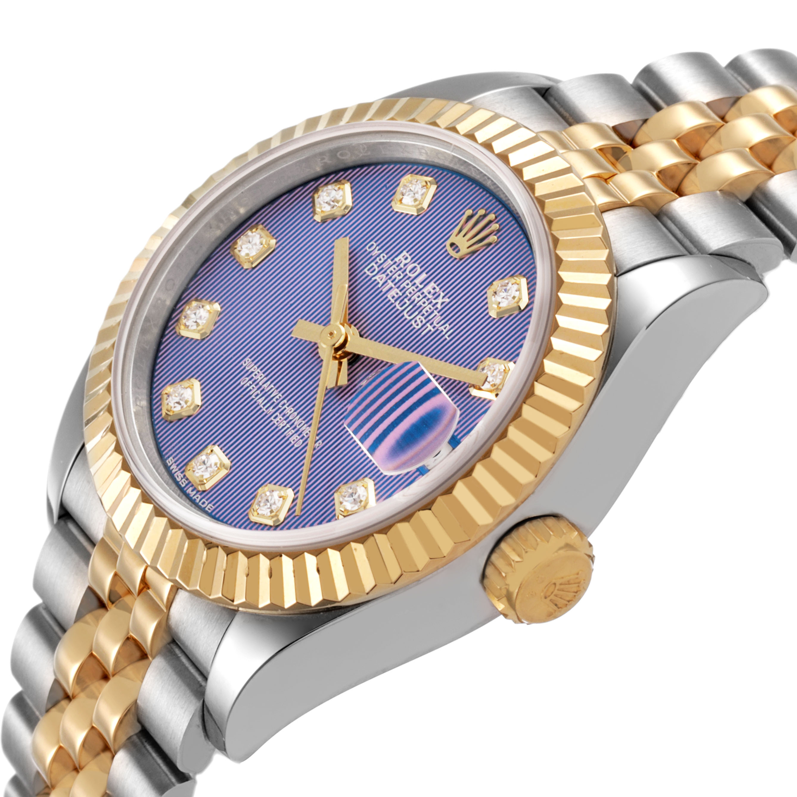 The Rolex Datejust 279173 Women's Steel and Gold (two tone) Purple Dial watch is shown at an angle highlighting its gold bezel, dial, and crown, with parts of the bracelet visible.