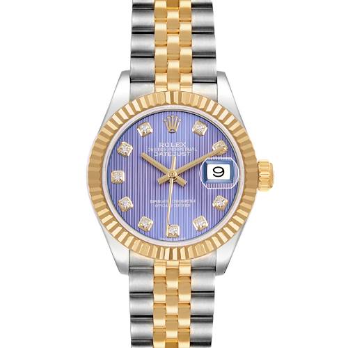 The Rolex Datejust 279173 Women's Steel and Gold (two tone) Purple Dial watch is shown from a top-down angle, highlighting the dial, bezel, and bracelet.