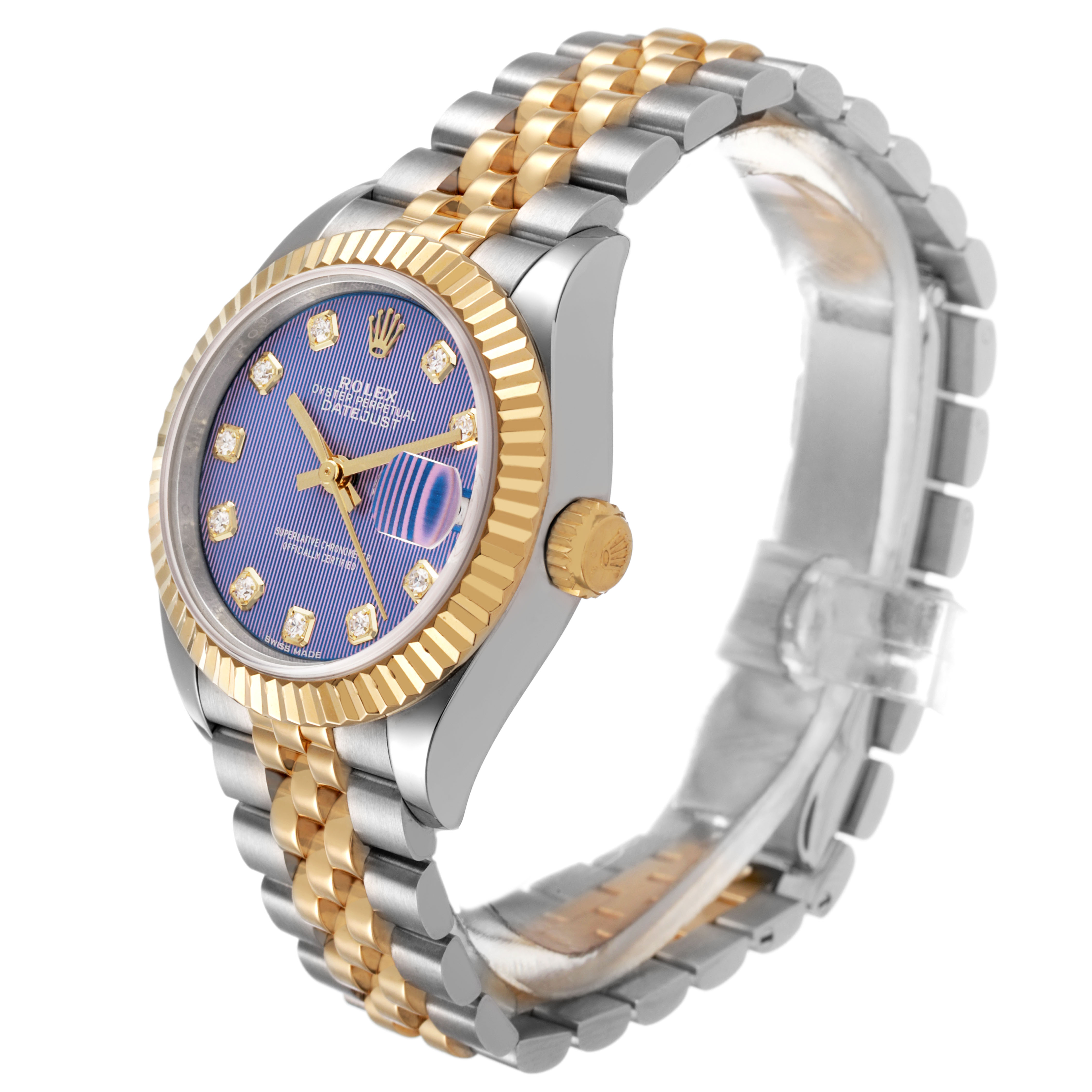 The Rolex Datejust 279173 Women's Steel and Gold (two tone) Purple Dial watch is shown from a side angle, highlighting its bezel, crown, and two-tone bracelet.