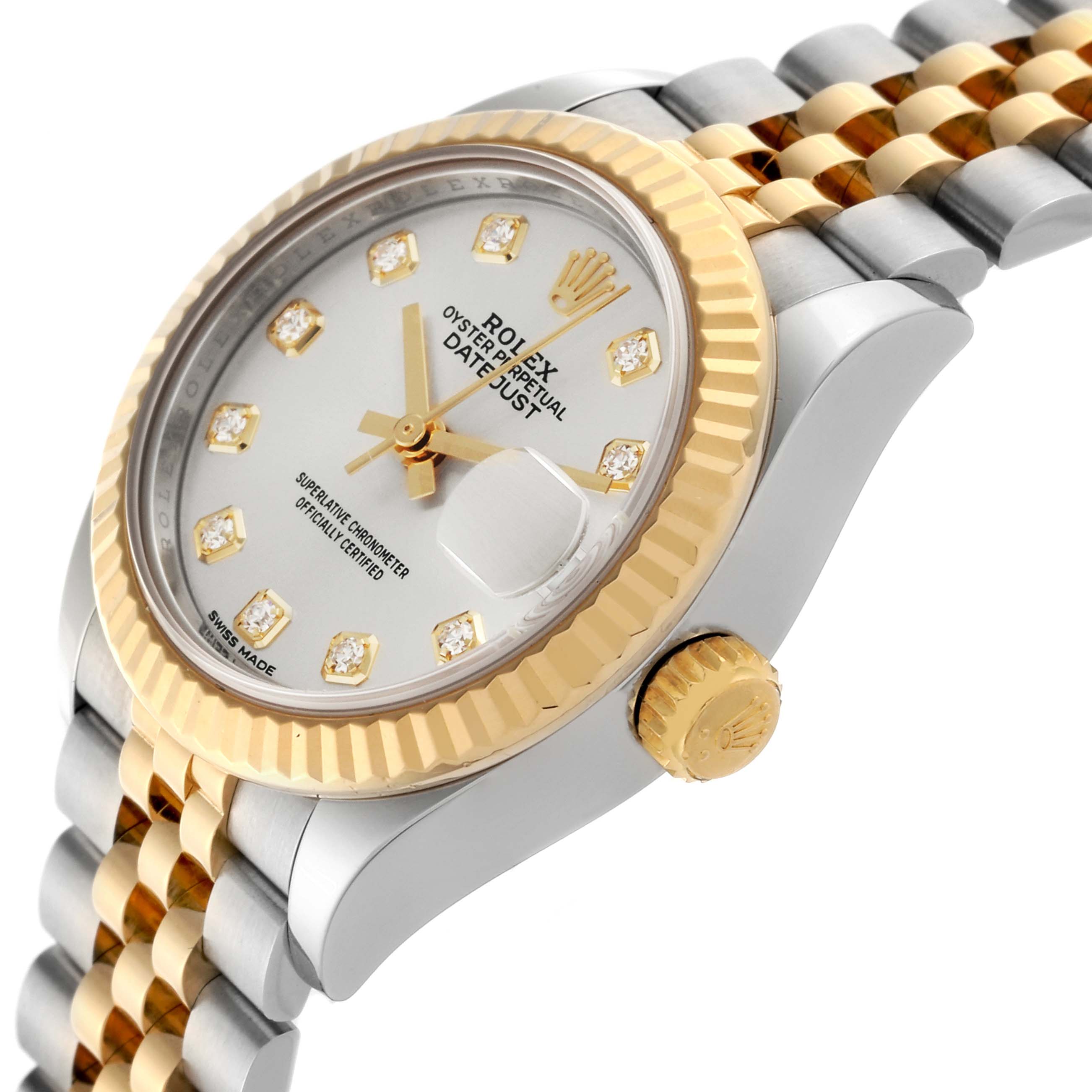 The Rolex Datejust 279173 Women's Steel and Gold (two tone) Silver Dial 279173 Women's Steel and Gold (two tone) Silver Dial watch is shown at a slight angle, highlighting the dial, bezel, crown, and part of the bracelet.