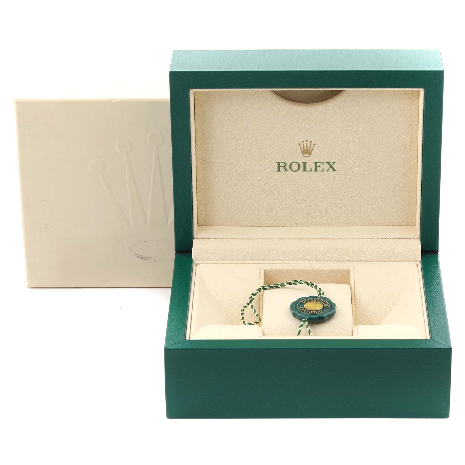 The image shows an open Rolex Datejust 279173 Women's Steel and Gold (two tone) Silver Dial 279173 Women's Steel and Gold (two tone) Silver Dial box with a green seal, viewed from the front.