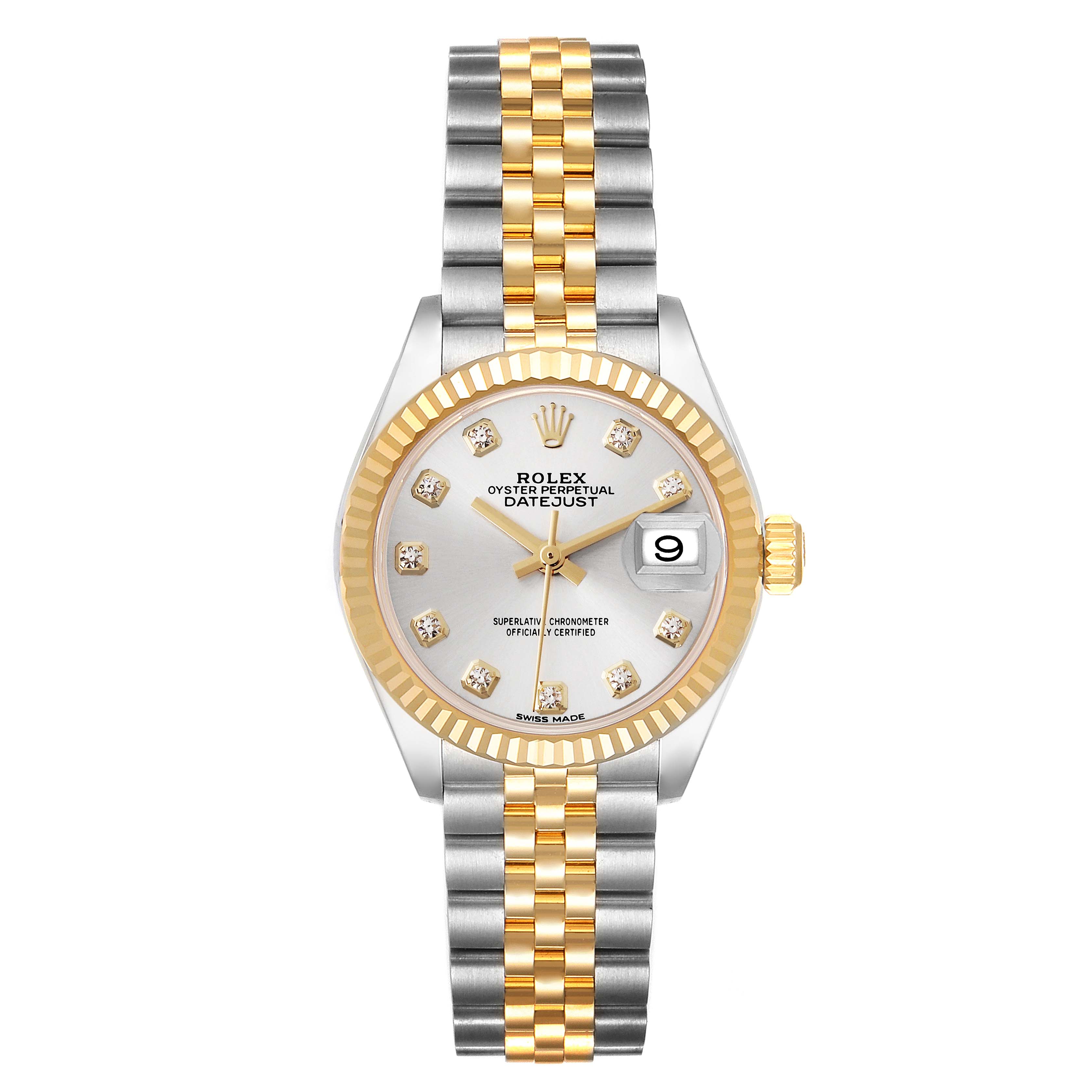 The Rolex Datejust 279173 Women's Steel and Gold (two tone) Silver Dial 279173 Women's Steel and Gold (two tone) Silver Dial watch is shown straight-on, displaying the dial, bezel, and Jubilee bracelet.