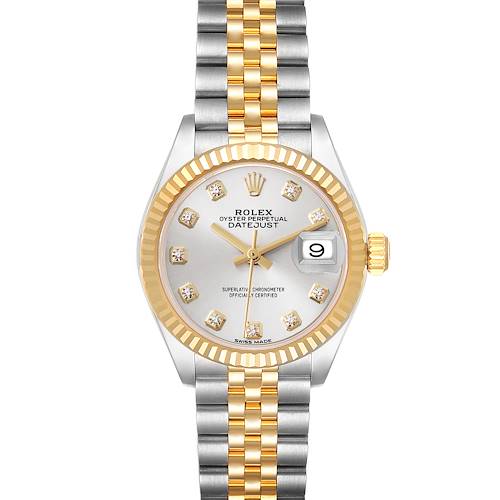 The Rolex Datejust is shown front-facing, highlighting the dial, bracelet, and fluted bezel.