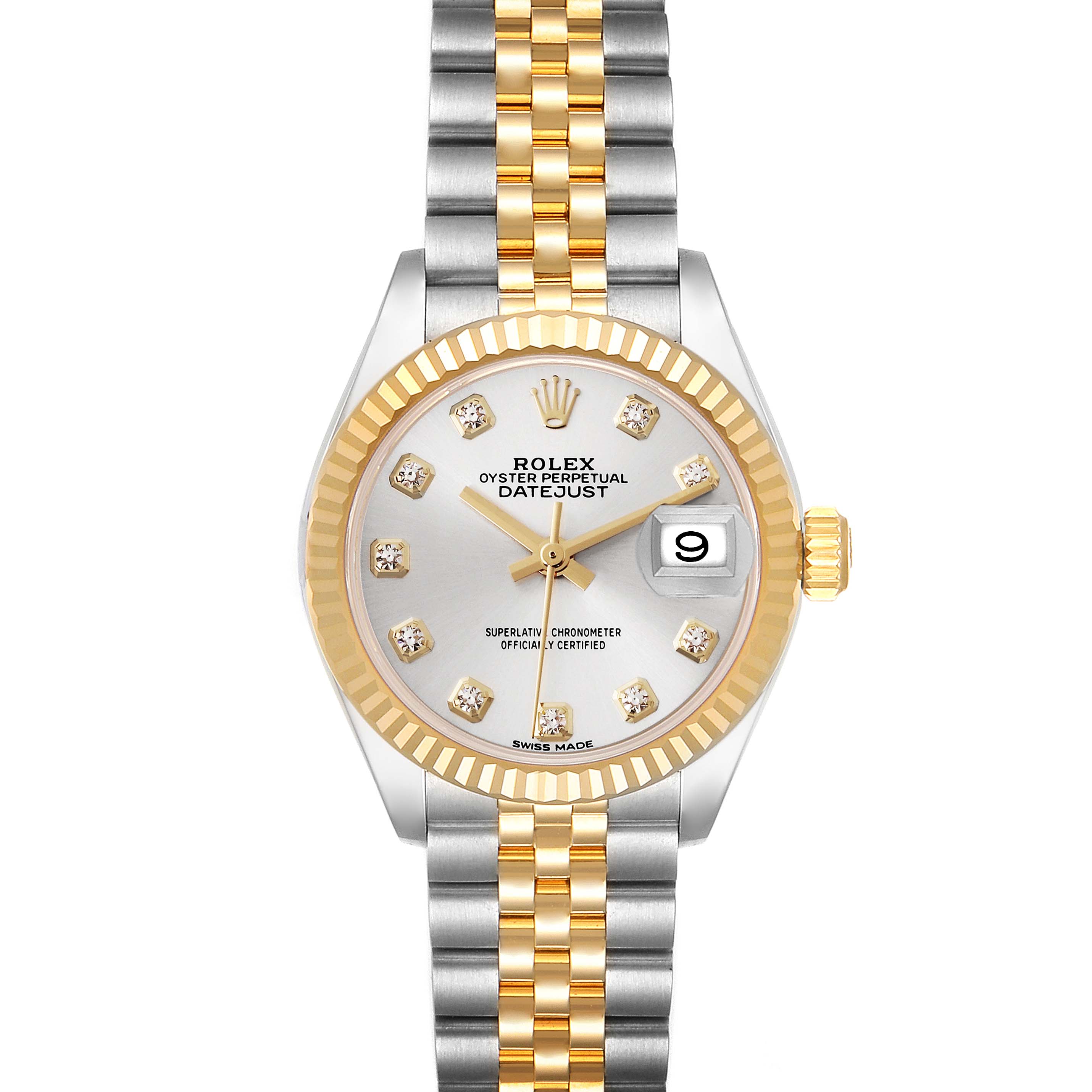 The image shows a front view of the Rolex Datejust 279173 Women's Steel and Gold (two tone) Silver Dial 279173 Women's Steel and Gold (two tone) Silver Dial with its face, bezel, bracelet, and crown visible.