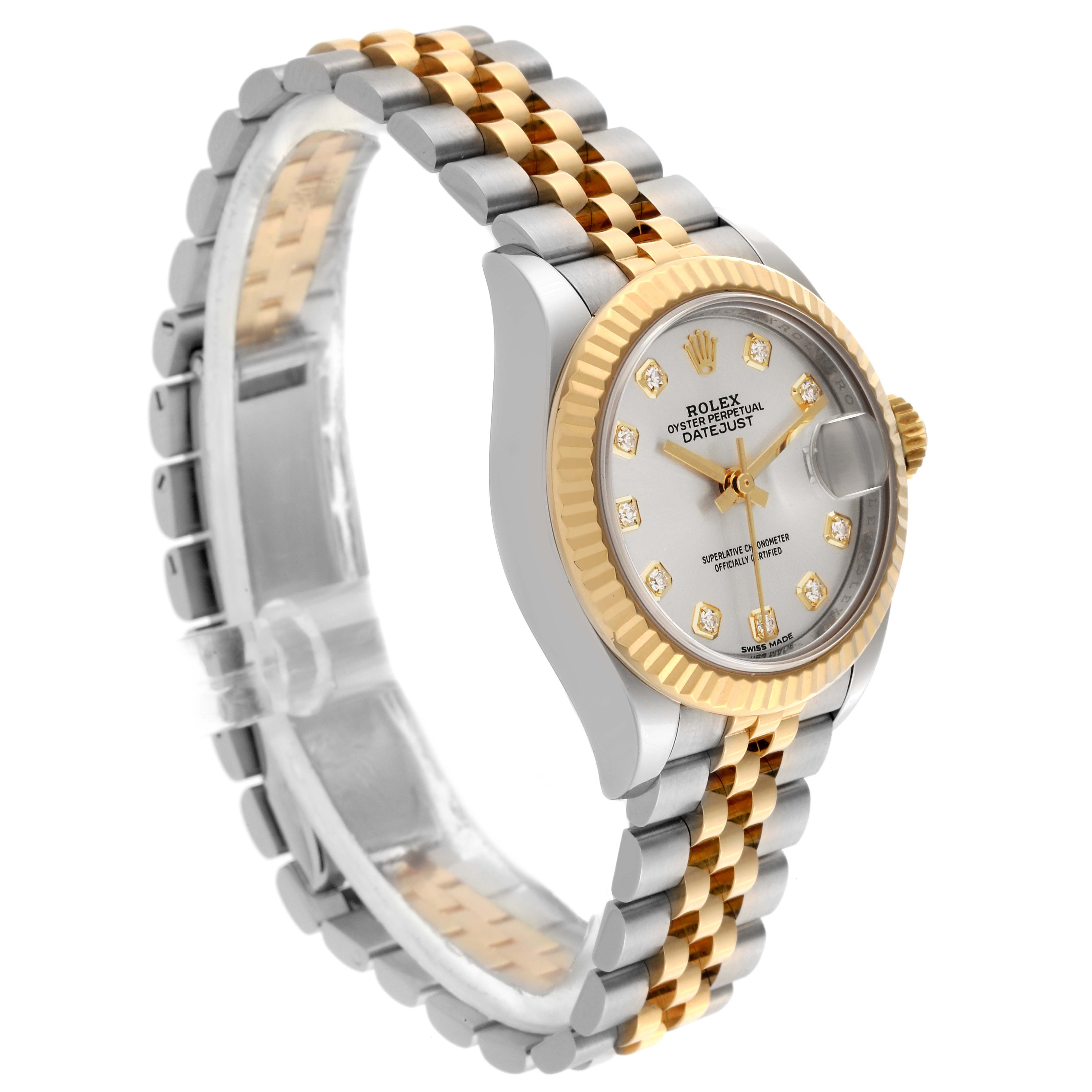 The Rolex Datejust 279173 Women's Steel and Gold (two tone) Silver Dial 279173 Women's Steel and Gold (two tone) Silver Dial is shown at a side angle, highlighting the gold fluted bezel and two-tone bracelet.
