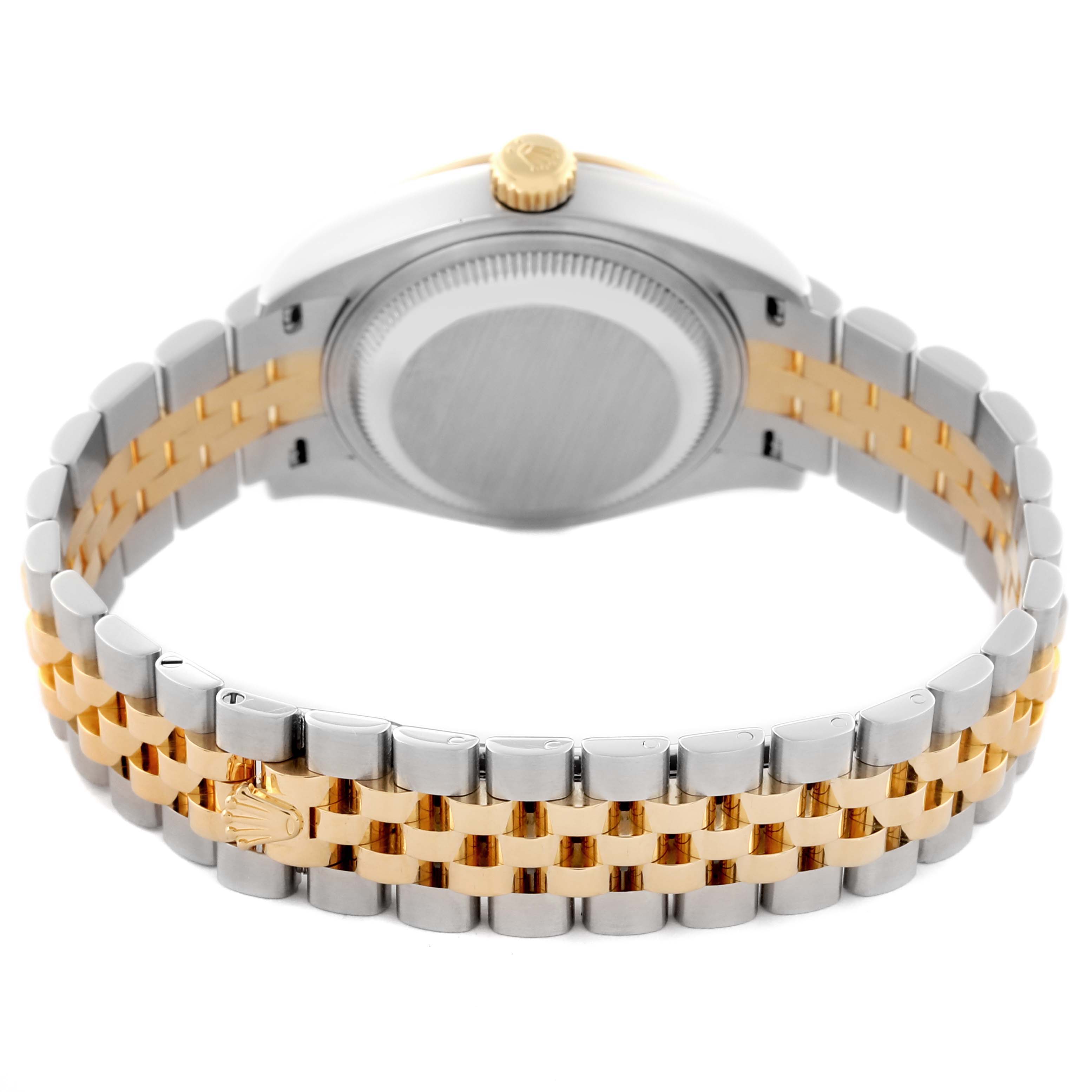 The image shows the Rolex Datejust 279173 Women's Steel and Gold (two tone) Silver Dial 279173 Women's Steel and Gold (two tone) Silver Dial watch from the back, highlighting the jubilee bracelet and case back.