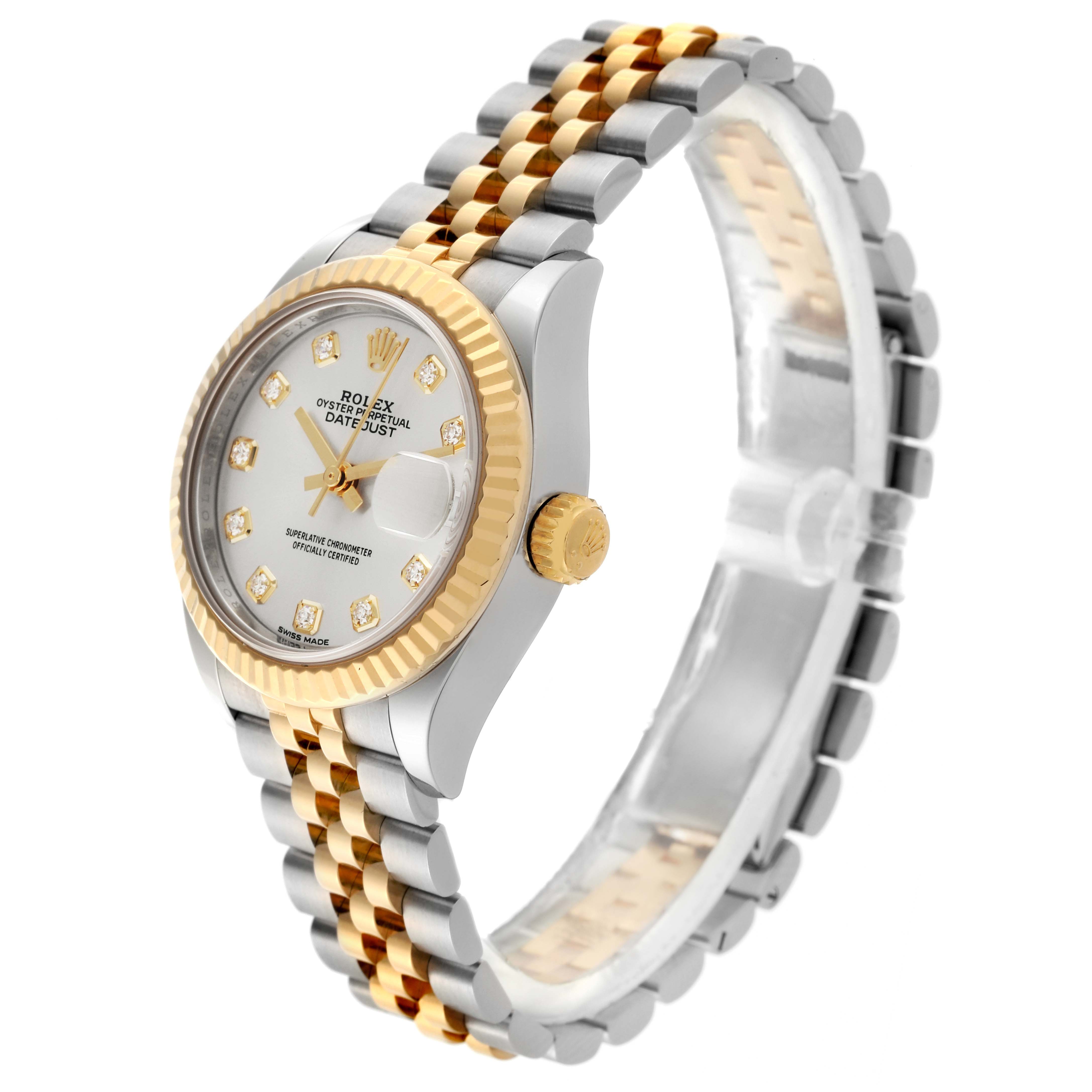 The Rolex Datejust 279173 Women's Steel and Gold (two tone) Silver Dial 279173 Women's Steel and Gold (two tone) Silver Dial watch is shown from a side angle, highlighting the bezel, crown, and two-tone bracelet.