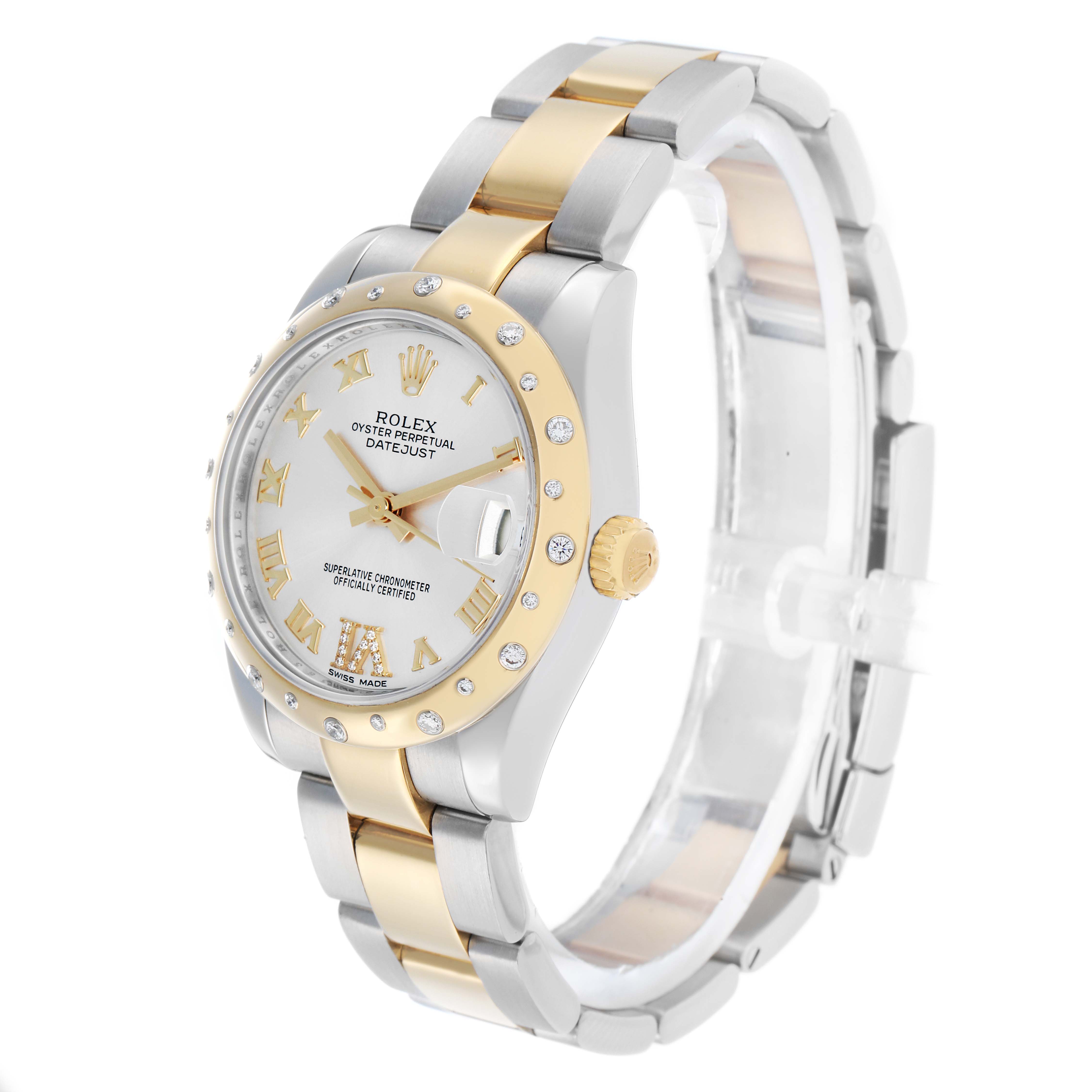 The Rolex Datejust Mid-Size watch is shown at a three-quarter angle, highlighting the bezel, dial, and two-tone bracelet.