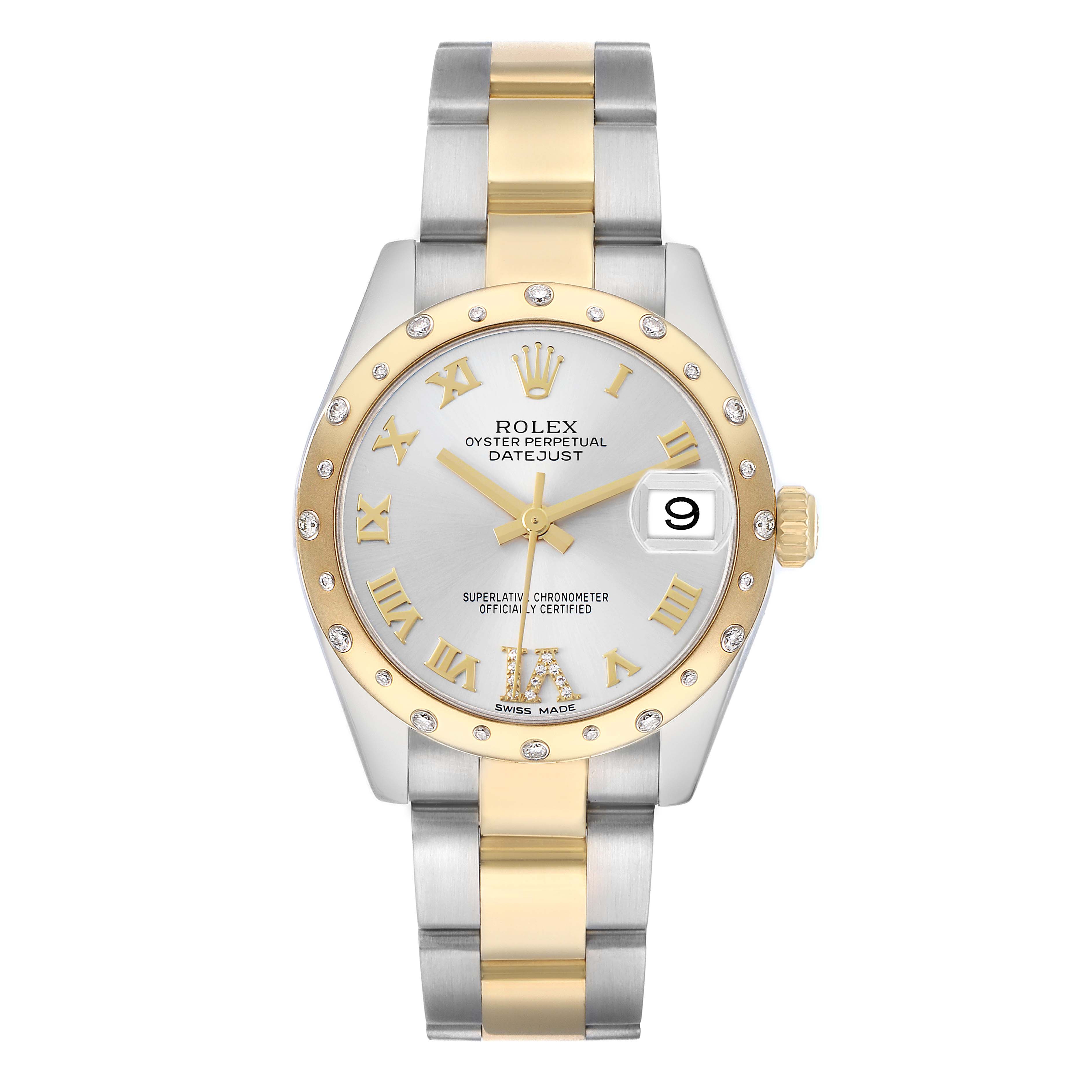 The Rolex Mid-Size 178343 Women
s Steel and Gold (two tone) Silver Dial Datejust is shown from the front, displaying the dial, bezel, hands, and two-tone bracelet.