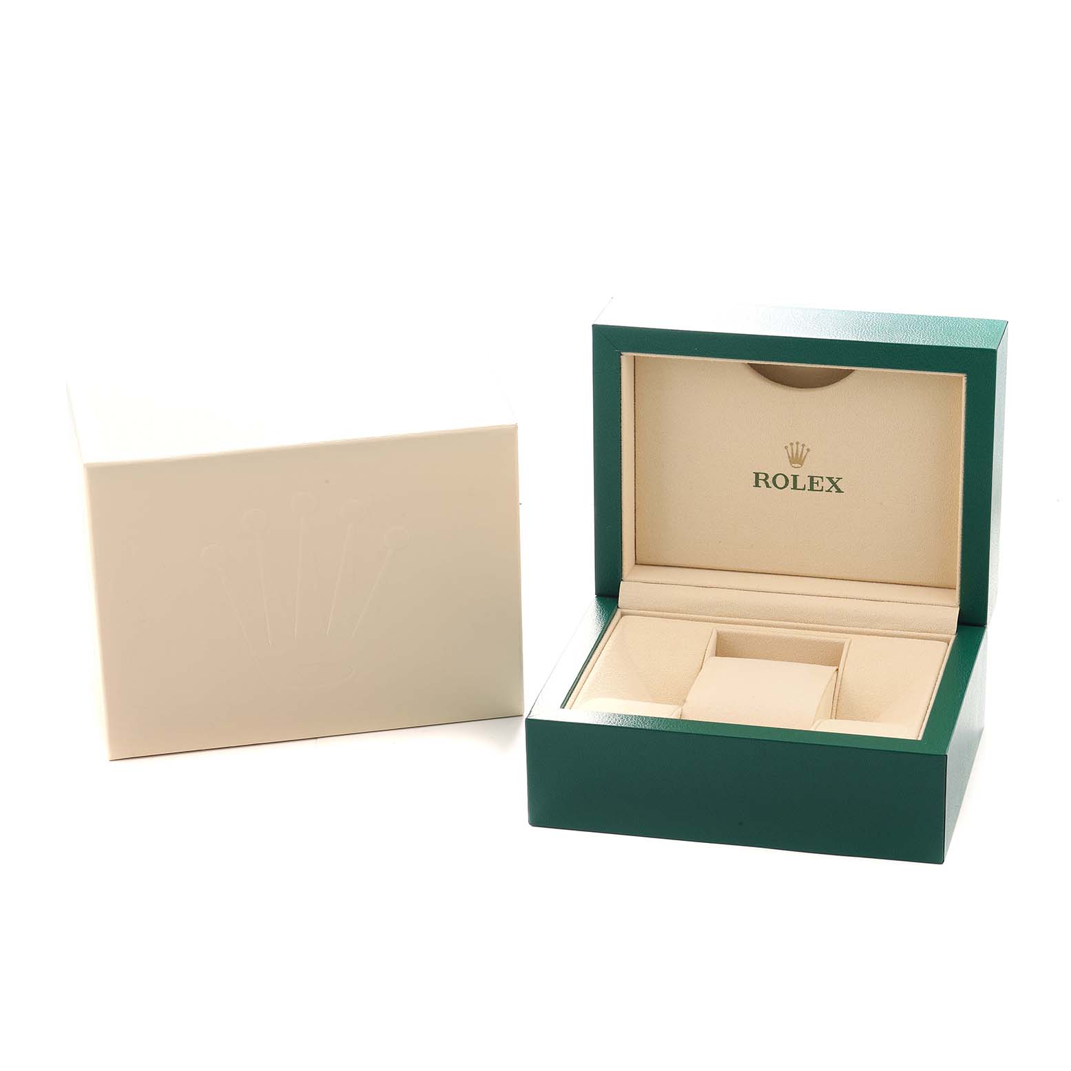 The image shows an open green Rolex box for a Mid-Size model with its outer beige box, viewed from the front angle.