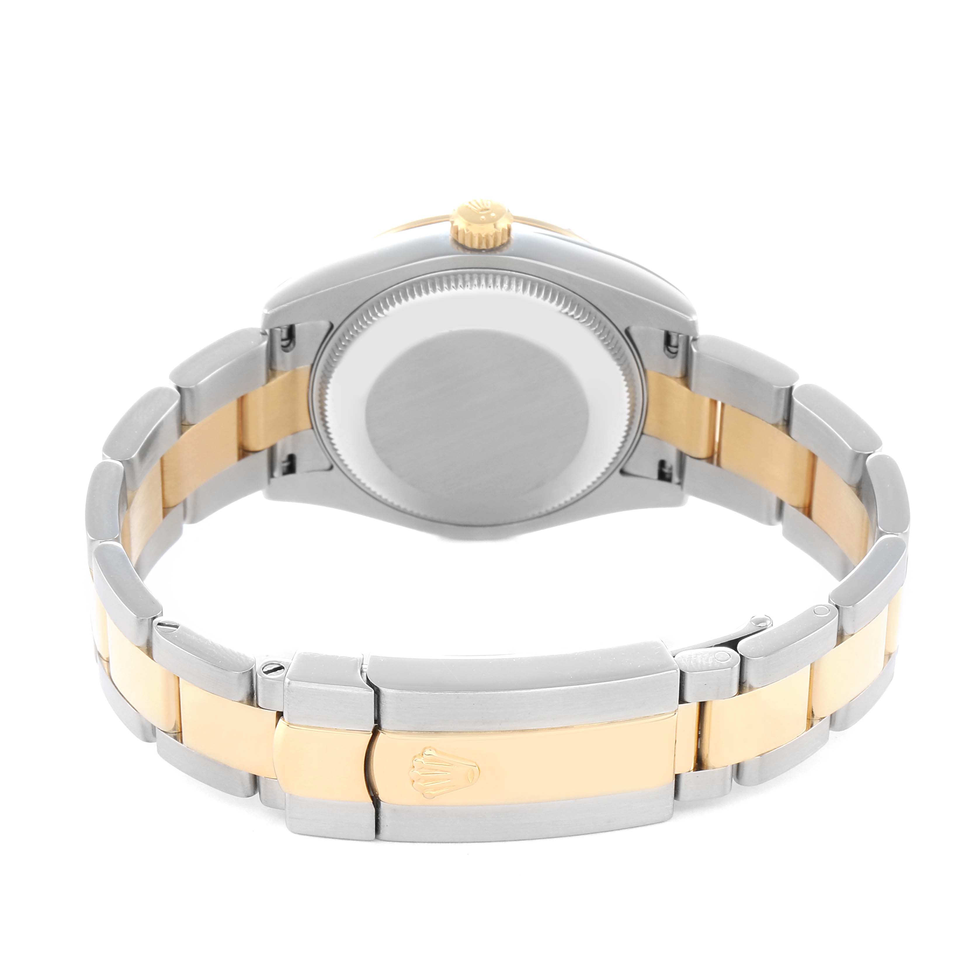 The Rolex Mid-Size 178343 Women
s Steel and Gold (two tone) Silver Dial watch is shown from the back, highlighting its two-tone bracelet and clasp.