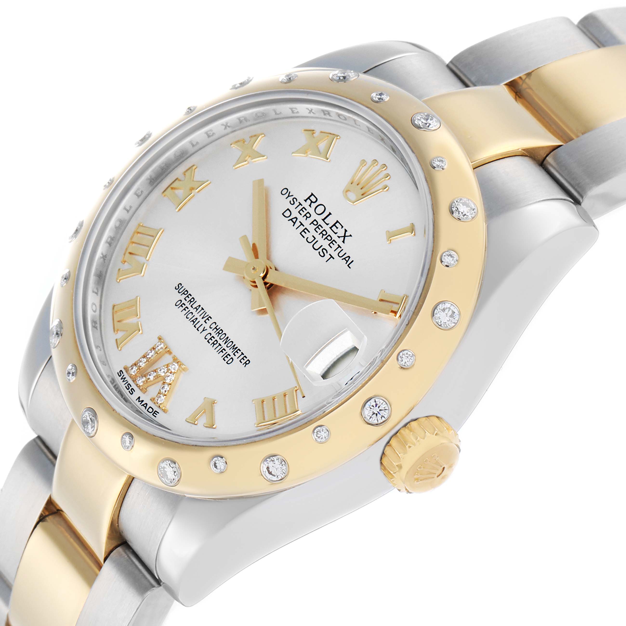 The Rolex Mid-Size 178343 Women
s Steel and Gold (two tone) Silver Dial watch is shown at an angled view, displaying the face, bezel with diamonds, two-tone bracelet, and crown.