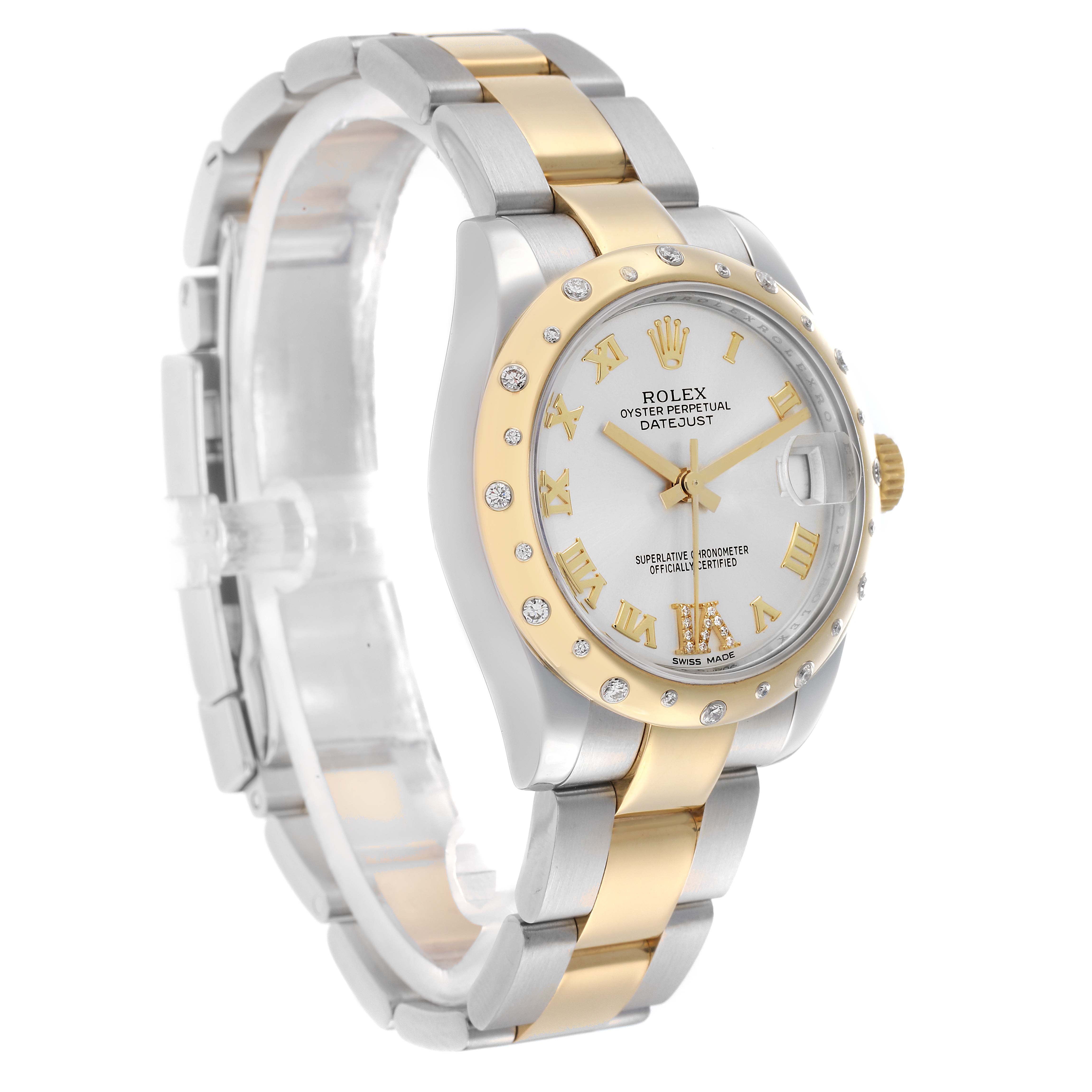 The Rolex Mid-Size 178343 Women
s Steel and Gold (two tone) Silver Dial watch is shown at a three-quarter angle, highlighting the bezel, dial, bracelet, and crown.
