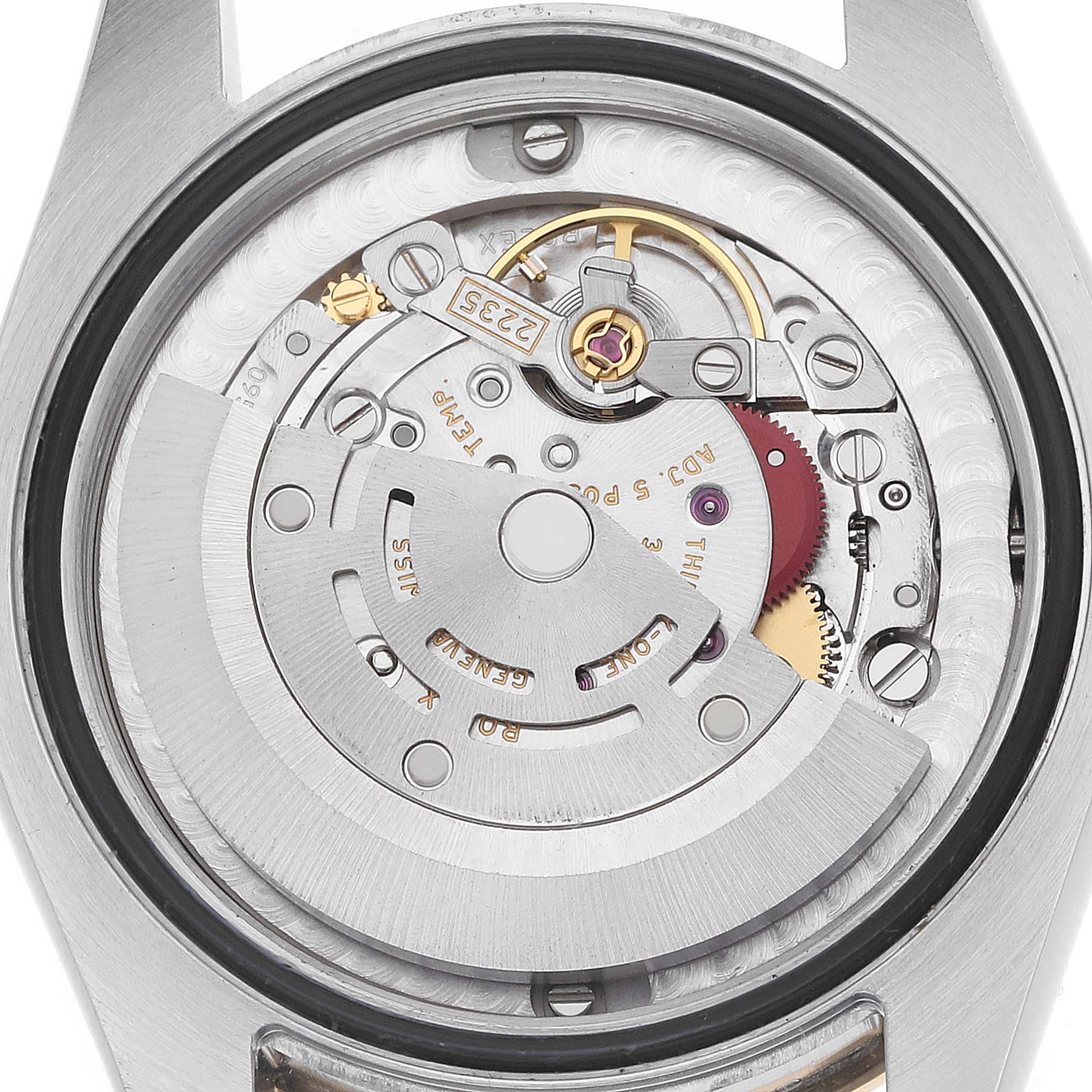 This image shows the internal mechanical movement of a mid-size Rolex watch from the back.
