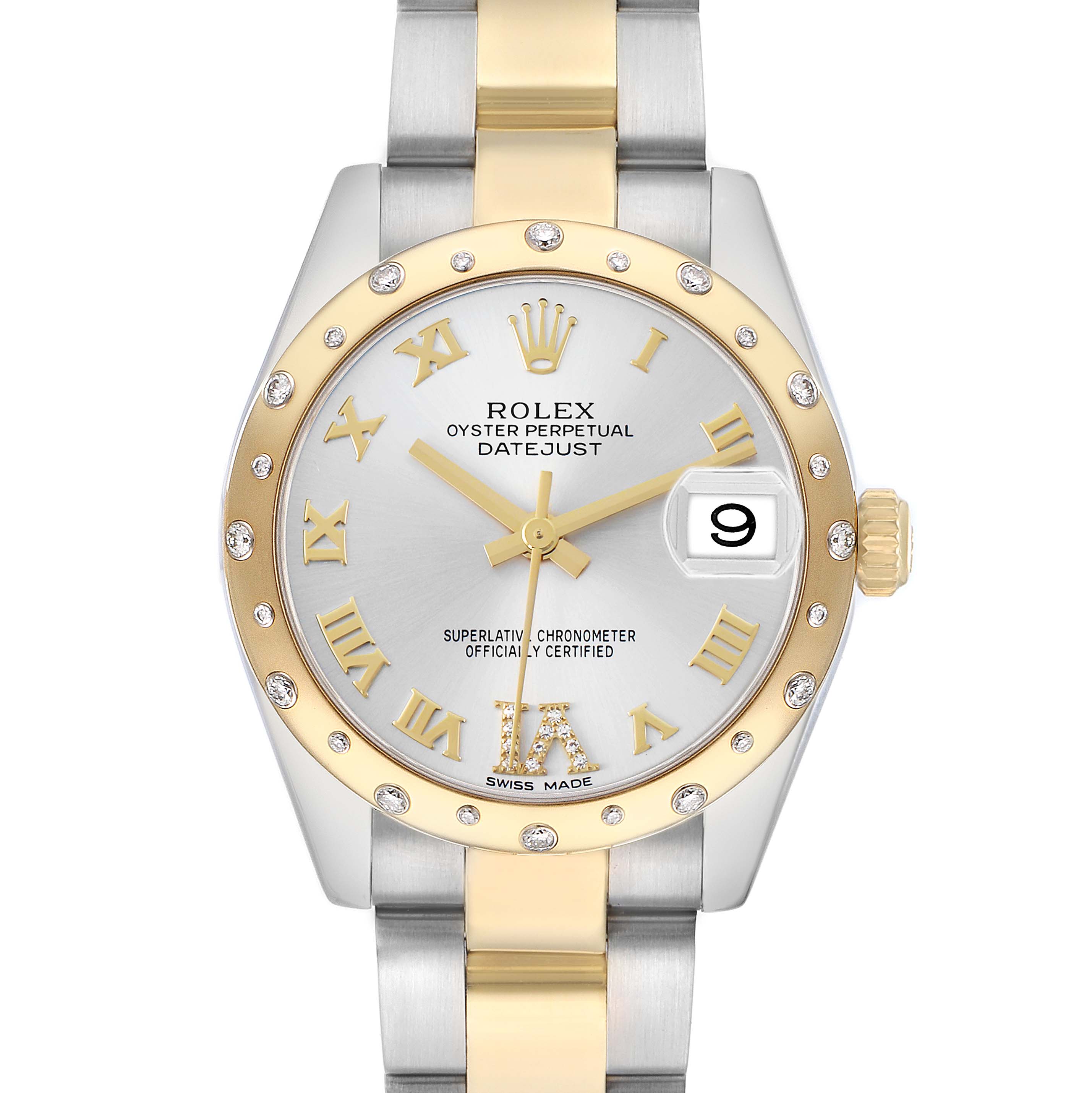 This image shows a front view of the Rolex Mid-Size 178343 Women
s Steel and Gold (two tone) Silver Dial Datejust watch, highlighting the dial, bezel, and bracelet.