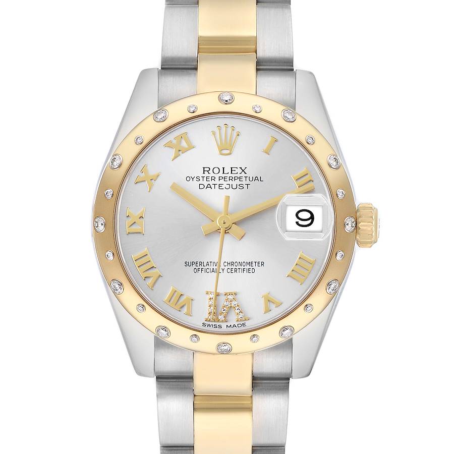 This image shows a front view of the Rolex Mid-Size 178343 Women's Steel and Gold (two tone) Silver Dial Datejust watch, highlighting the dial, bezel, and bracelet.