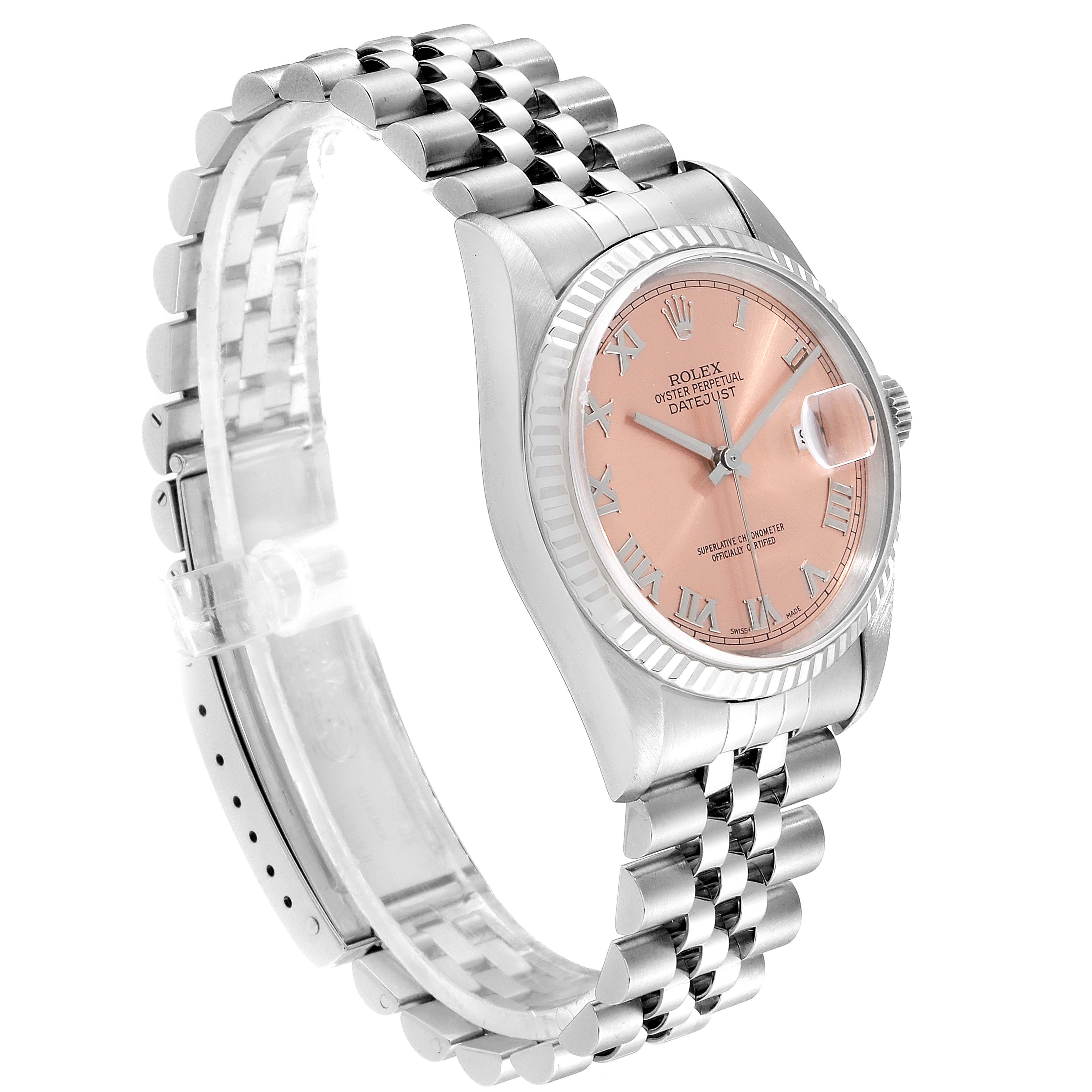 This Rolex Datejust 16234 Men's Stainless Steel Pink Dial 16234 Men's Stainless Steel Pink Dial watch is shown at a three-quarter angle, displaying the face, bracelet, and crown.