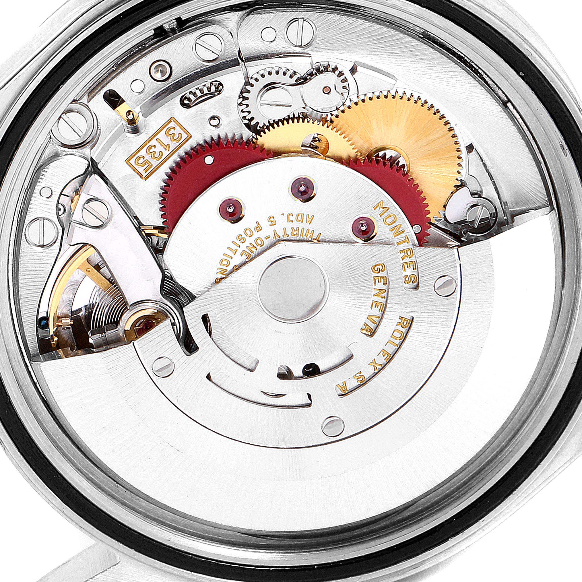 The image shows a close-up of the internal mechanism and gears of a Rolex Datejust 16234 Men's Stainless Steel Pink Dial 16234 Men's Stainless Steel Pink Dial watch.