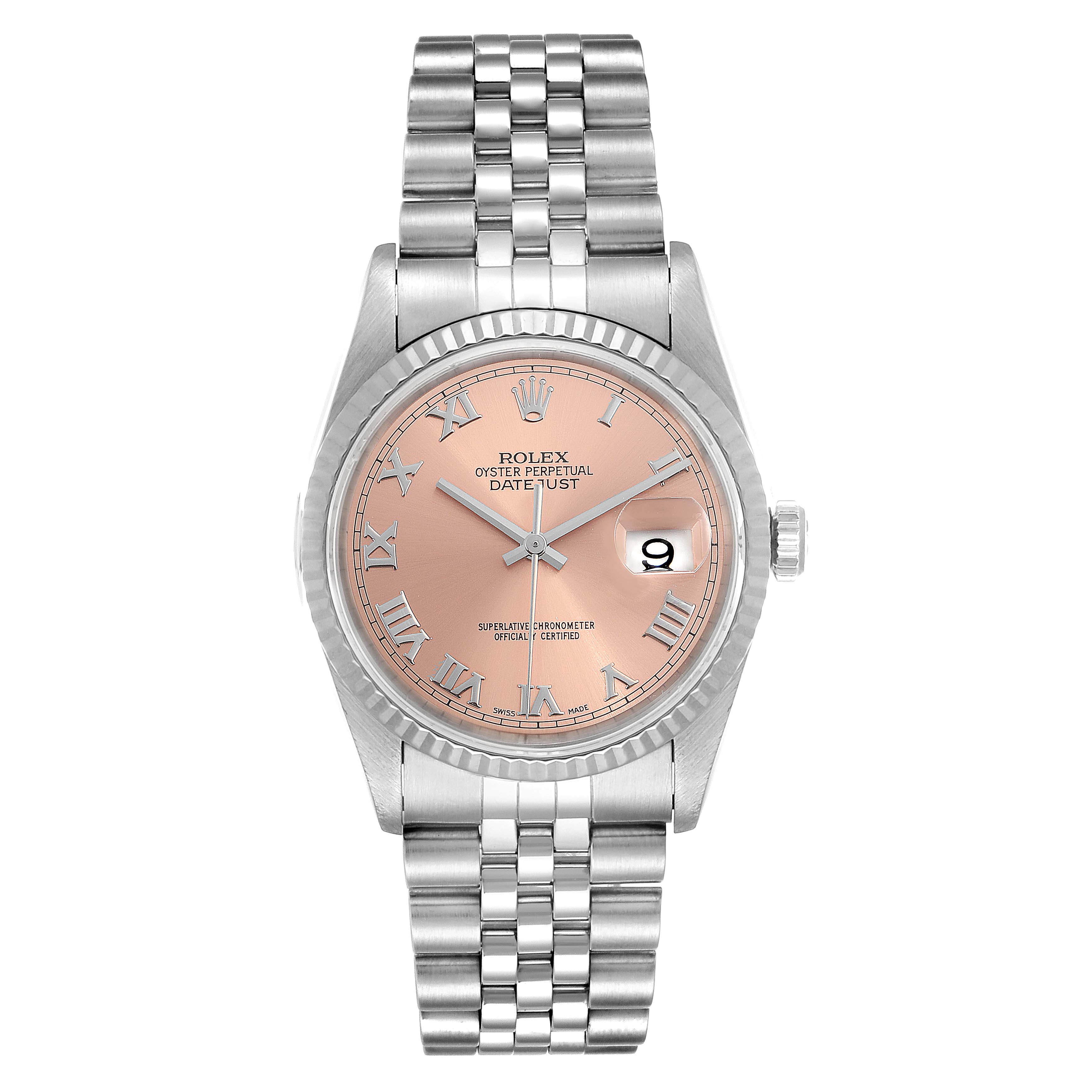 This image shows a Rolex Datejust 16234 Men's Stainless Steel Pink Dial 16234 Men's Stainless Steel Pink Dial watch from a front angle, displaying its pink dial, Roman numerals, and stainless steel bracelet.