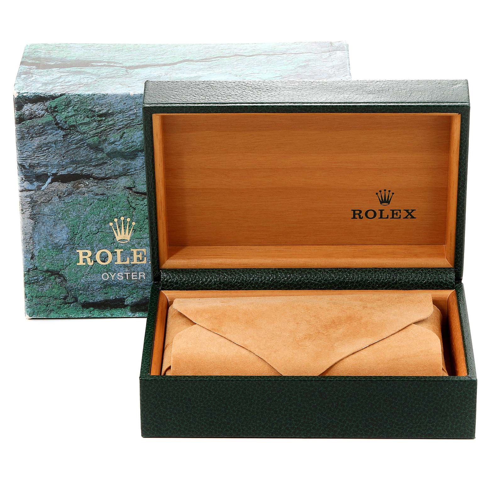 The image shows an open green Rolex Datejust 16234 Men's Stainless Steel Pink Dial 16234 Men's Stainless Steel Pink Dial watch box with a wooden interior and a suede pouch inside.