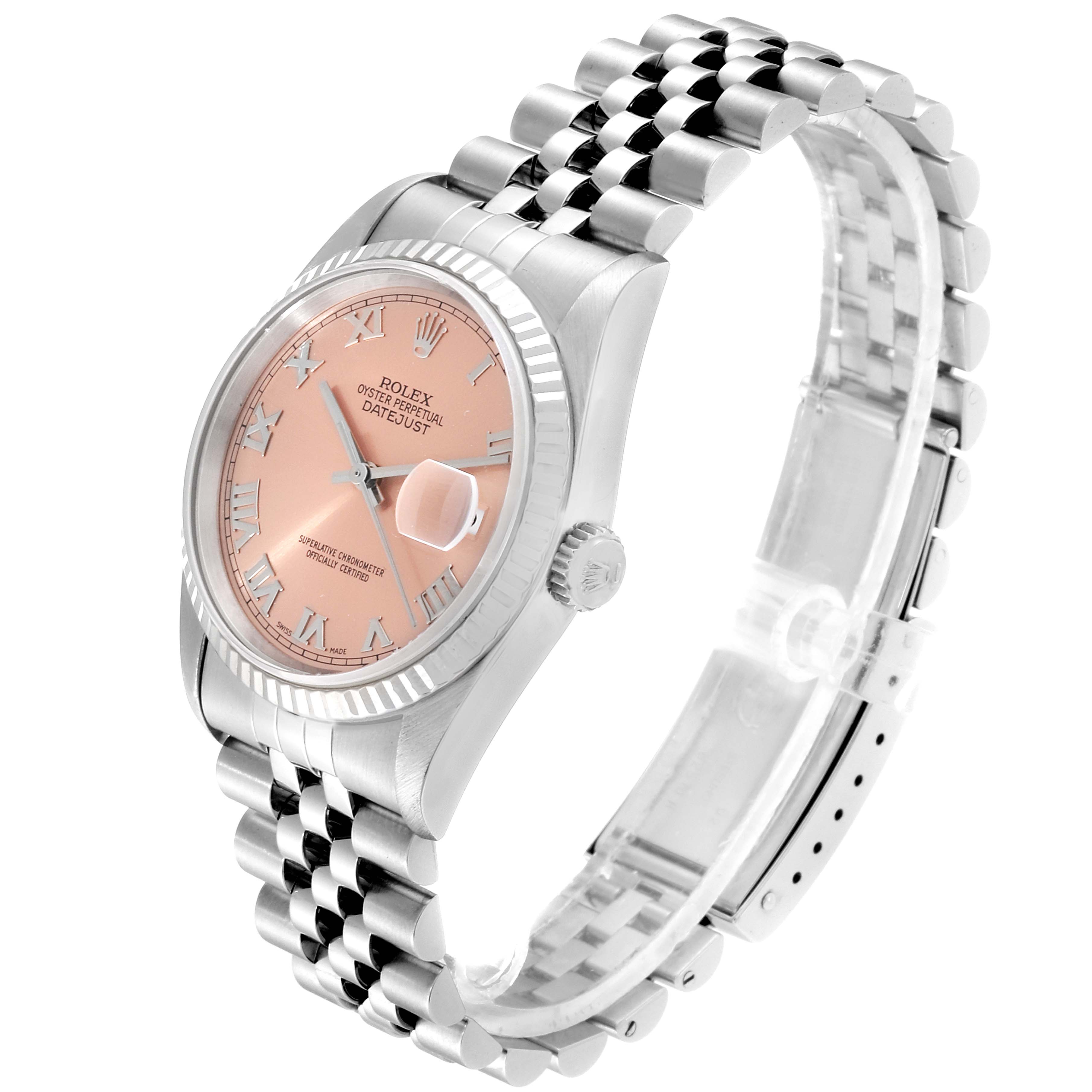 The Rolex Datejust 16234 Men's Stainless Steel Pink Dial 16234 Men's Stainless Steel Pink Dial watch is shown at an angle highlighting the dial, case, crown, and stainless steel bracelet.