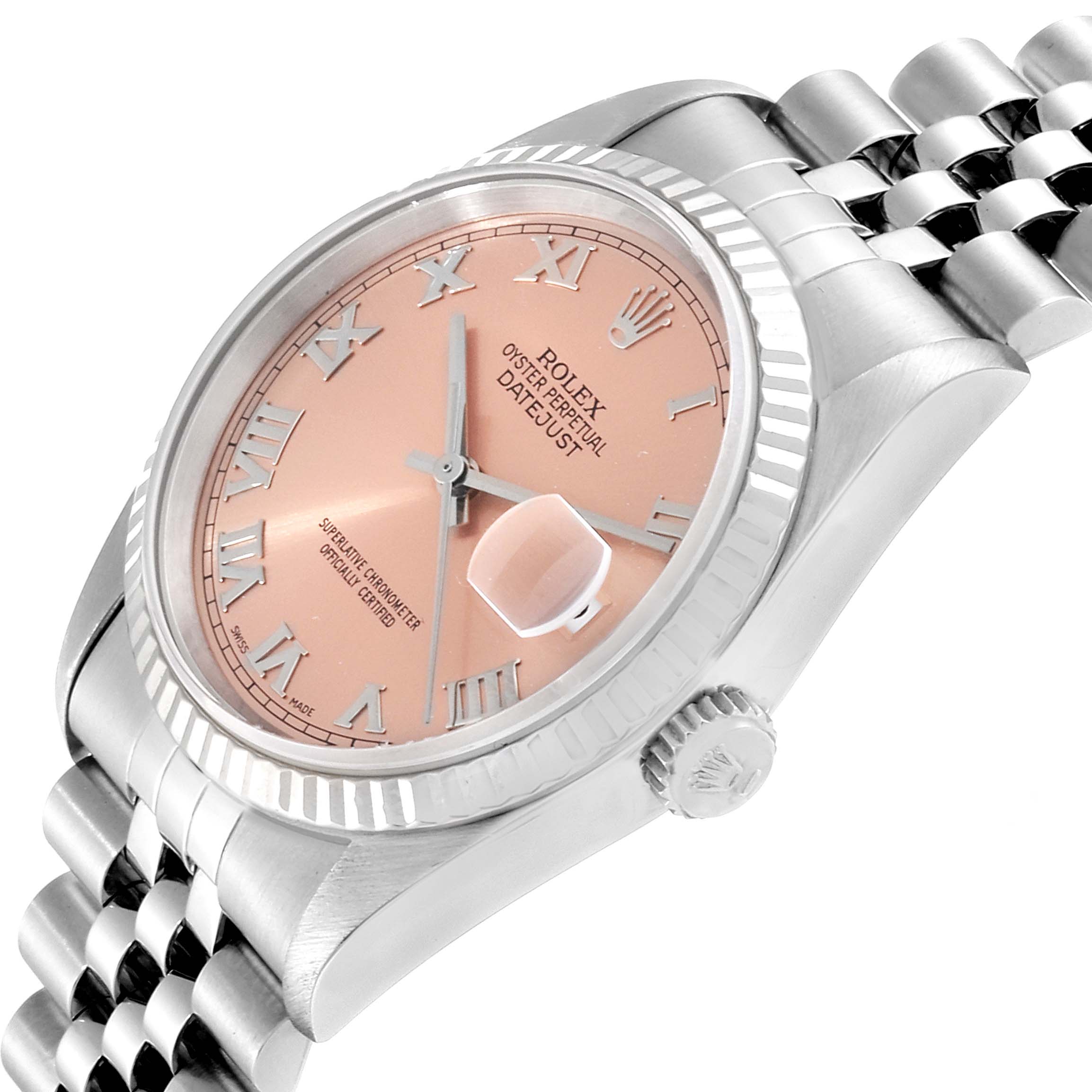This Rolex Datejust 16234 Men's Stainless Steel Pink Dial 16234 Men's Stainless Steel Pink Dial watch is shown at a slight angle, highlighting the pink dial, roman numerals, fluted bezel, and part of the bracelet.