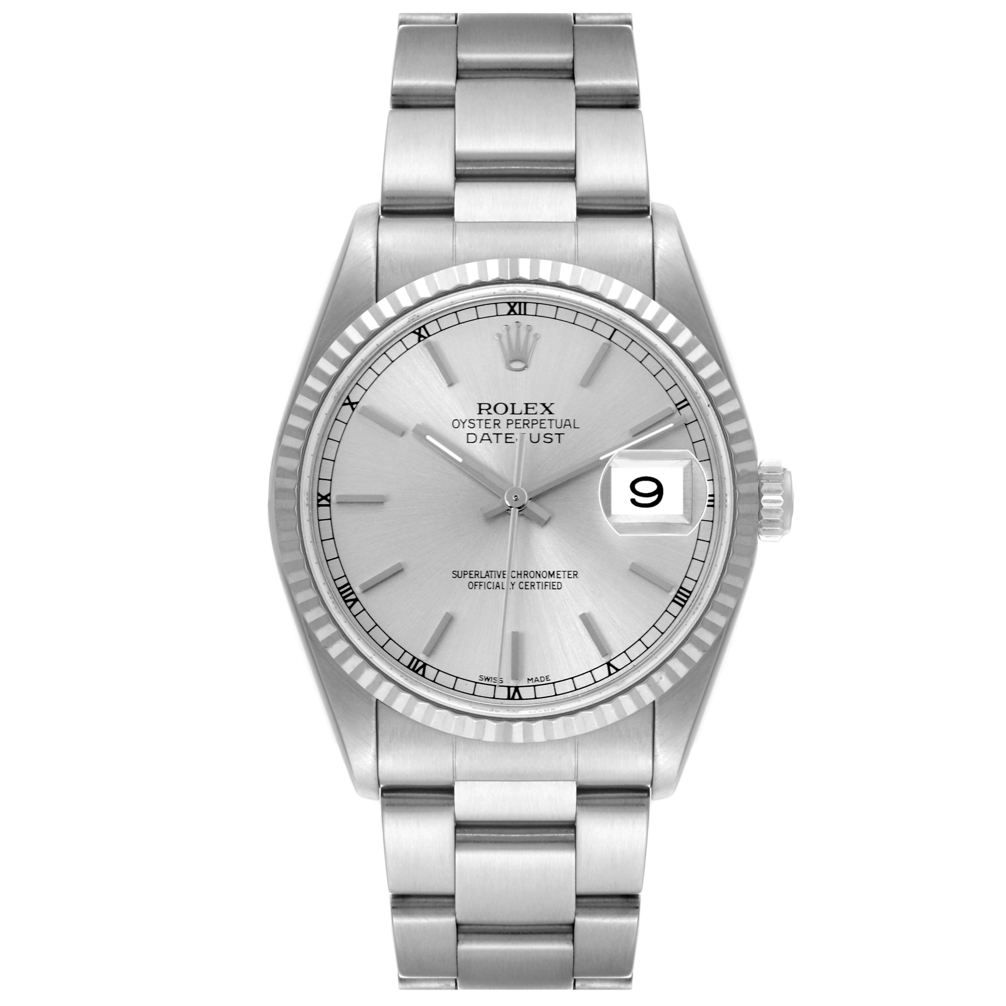 The Rolex Datejust 16234 Men's Stainless Steel Silver Dial 16234 Men's Stainless Steel Silver Dial watch is shown from a front angle, displaying the dial, bezel, bracelet, and date window.