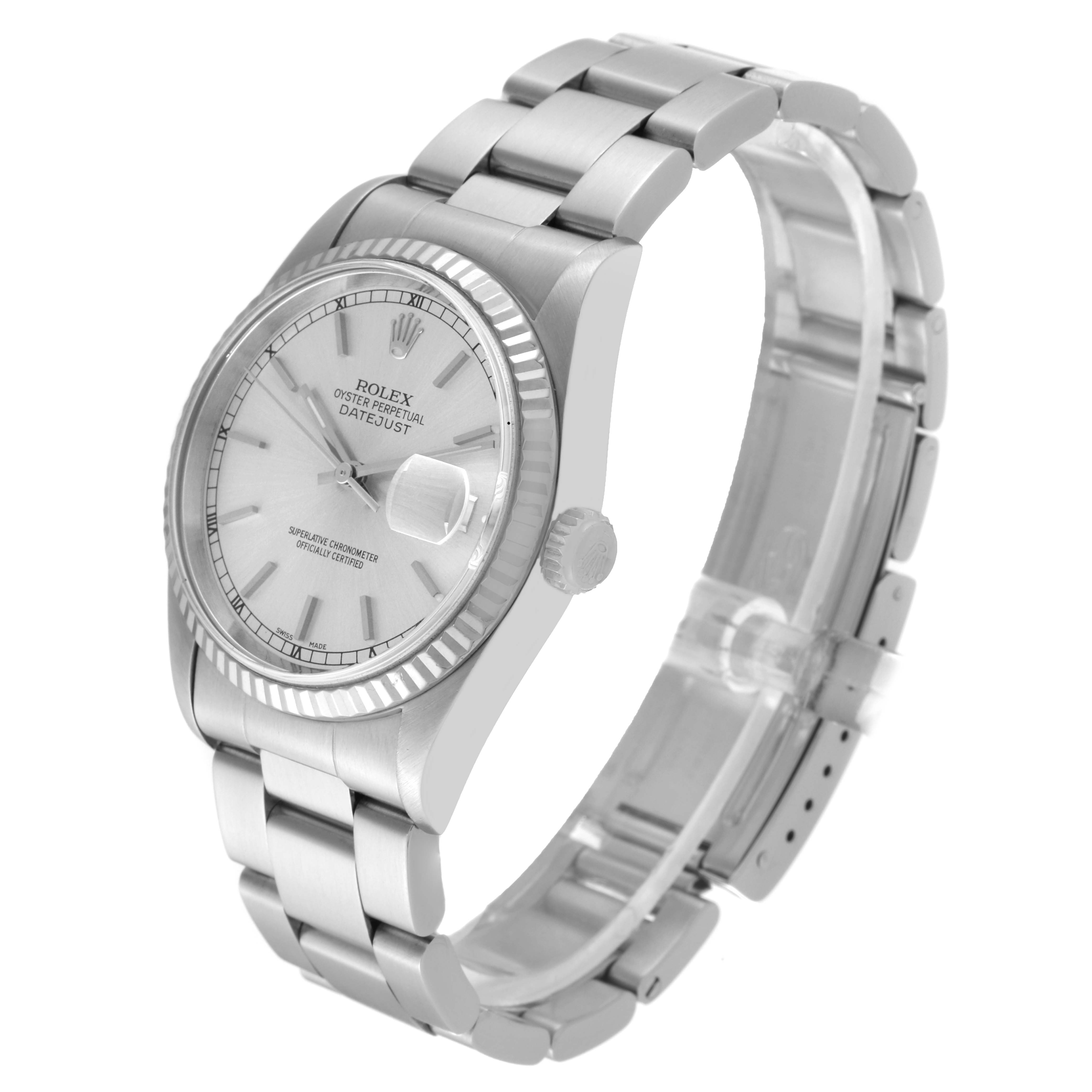 The Rolex Datejust 16234 Men's Stainless Steel Silver Dial 16234 Men's Stainless Steel Silver Dial watch is shown at a three-quarter angle, featuring the dial, fluted bezel, and bracelet.