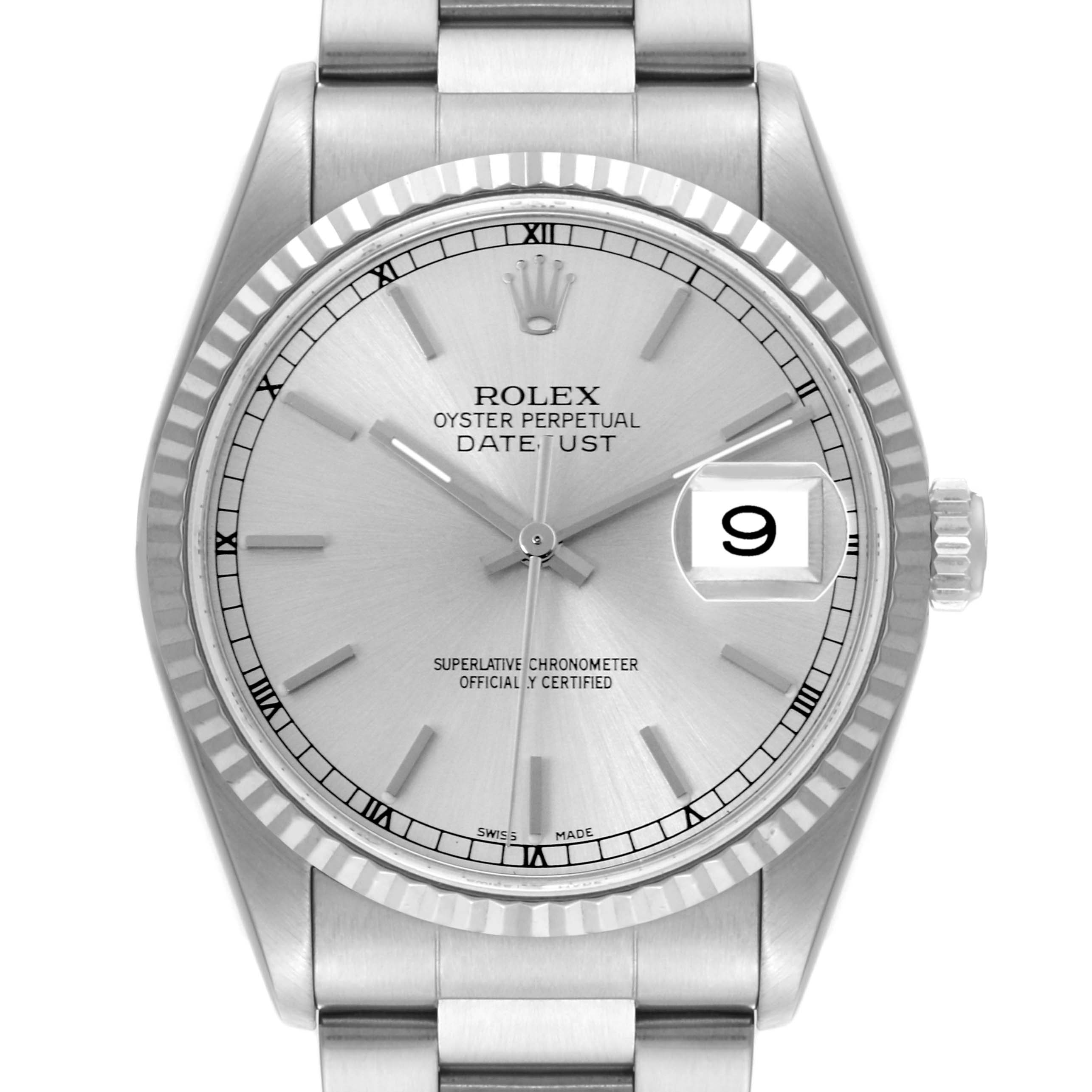 The Rolex Datejust 16234 Men's Stainless Steel Silver Dial 16234 Men's Stainless Steel Silver Dial watch is shown from the front, featuring its face, bezel, and part of the bracelet.