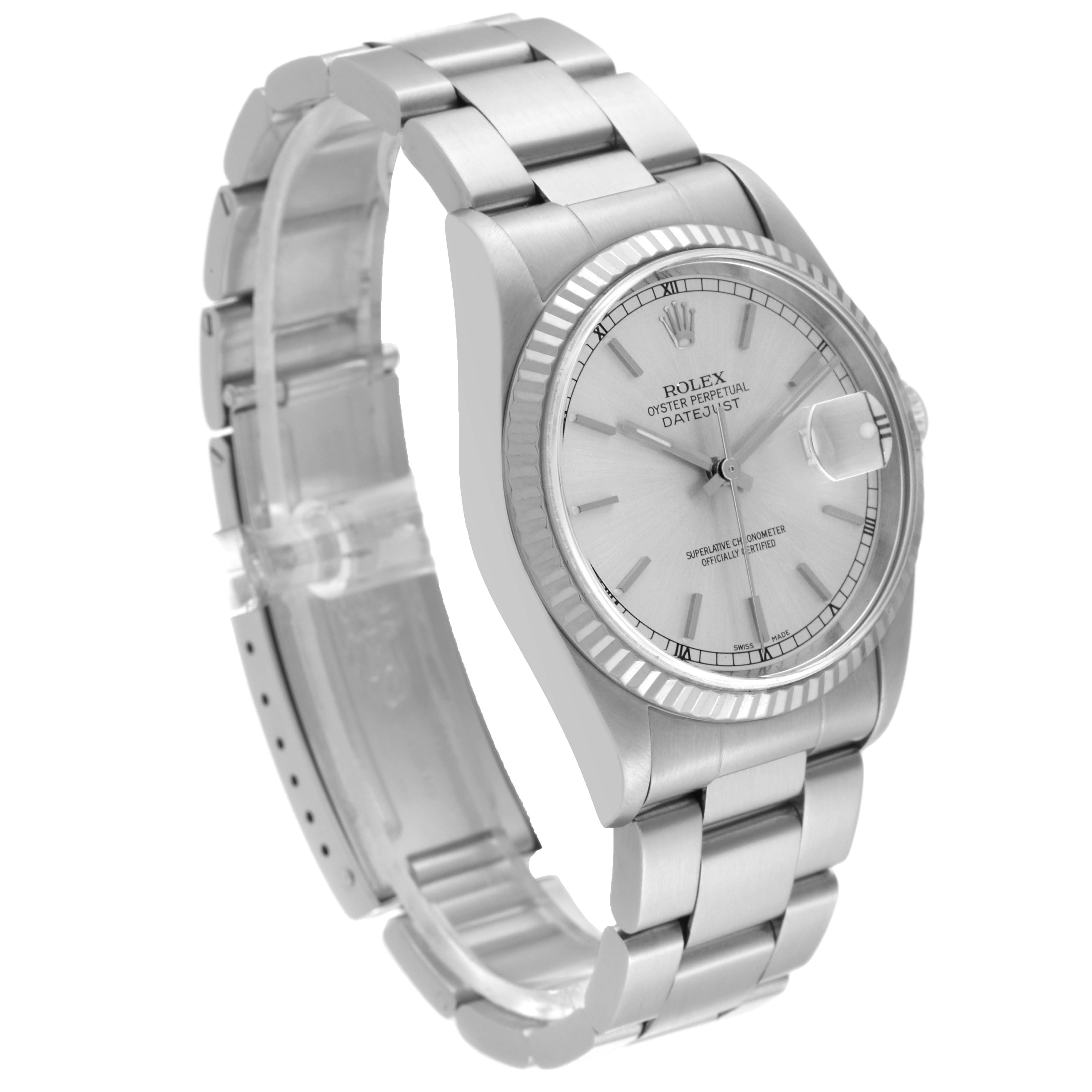 The Rolex Datejust 16234 Men's Stainless Steel Silver Dial 16234 Men's Stainless Steel Silver Dial watch is shown at a three-quarter angle, displaying its face, bezel, and bracelet.