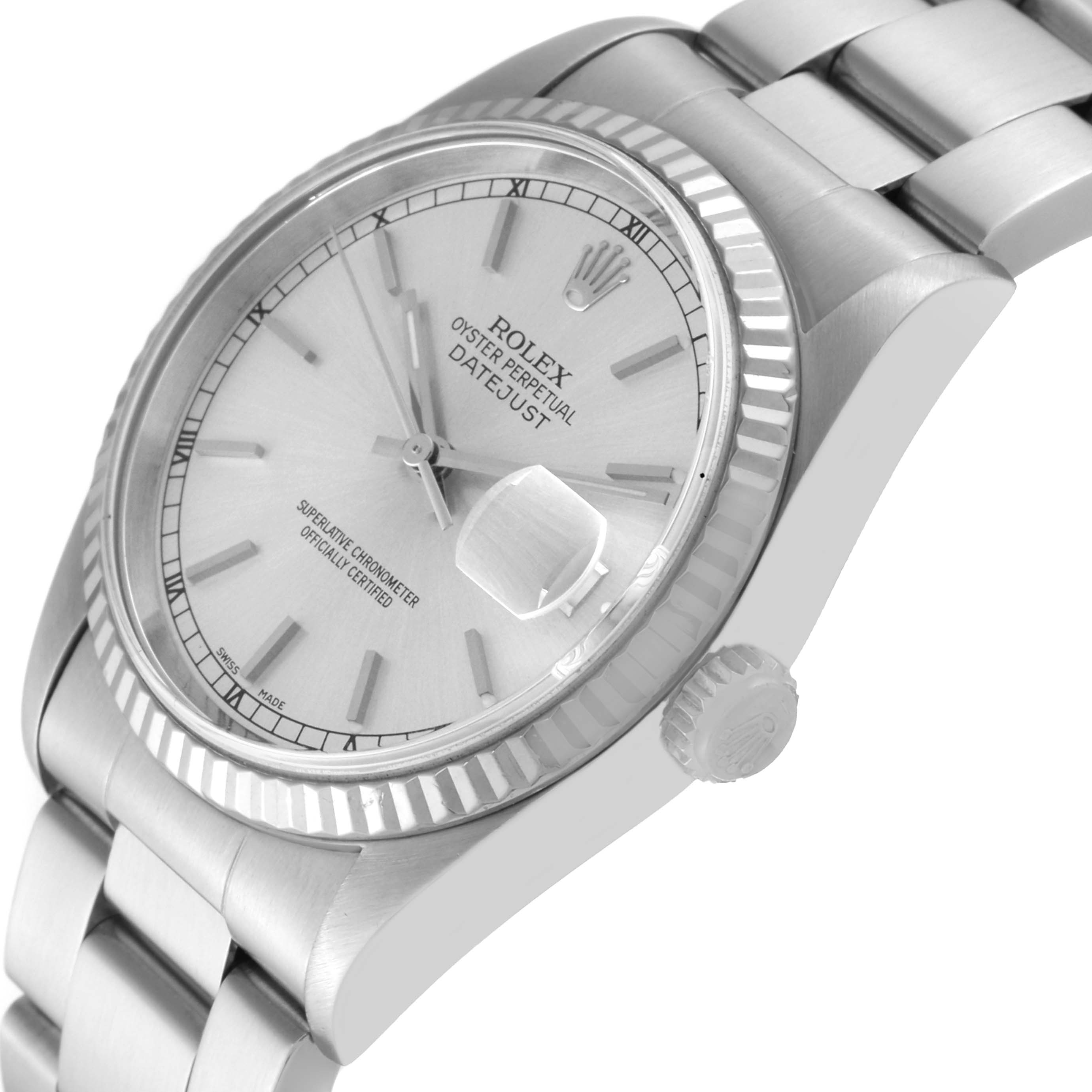 The Rolex Datejust 16234 Men's Stainless Steel Silver Dial 16234 Men's Stainless Steel Silver Dial watch is shown at a side angle, highlighting the dial, crown, bezel, and part of the bracelet.