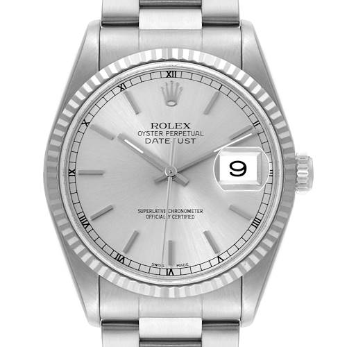 The Rolex Datejust is shown from a front angle, displaying its dial, bezel, crown, and part of the bracelet.