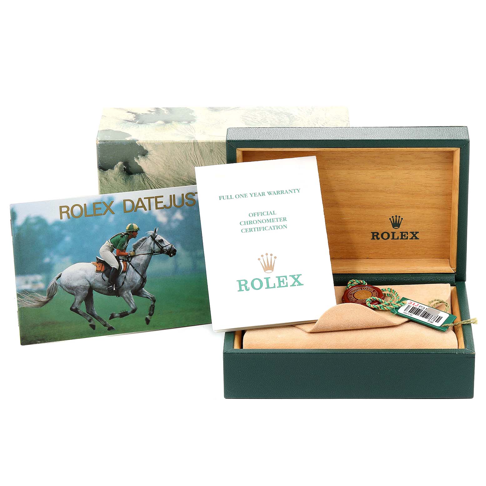 The image shows a Rolex Datejust 16220 Men's Stainless Steel Black Dial 16220 Men's Stainless Steel Black Dial watch box with warranty, chronometer certification, and a booklet from a slightly elevated angle.