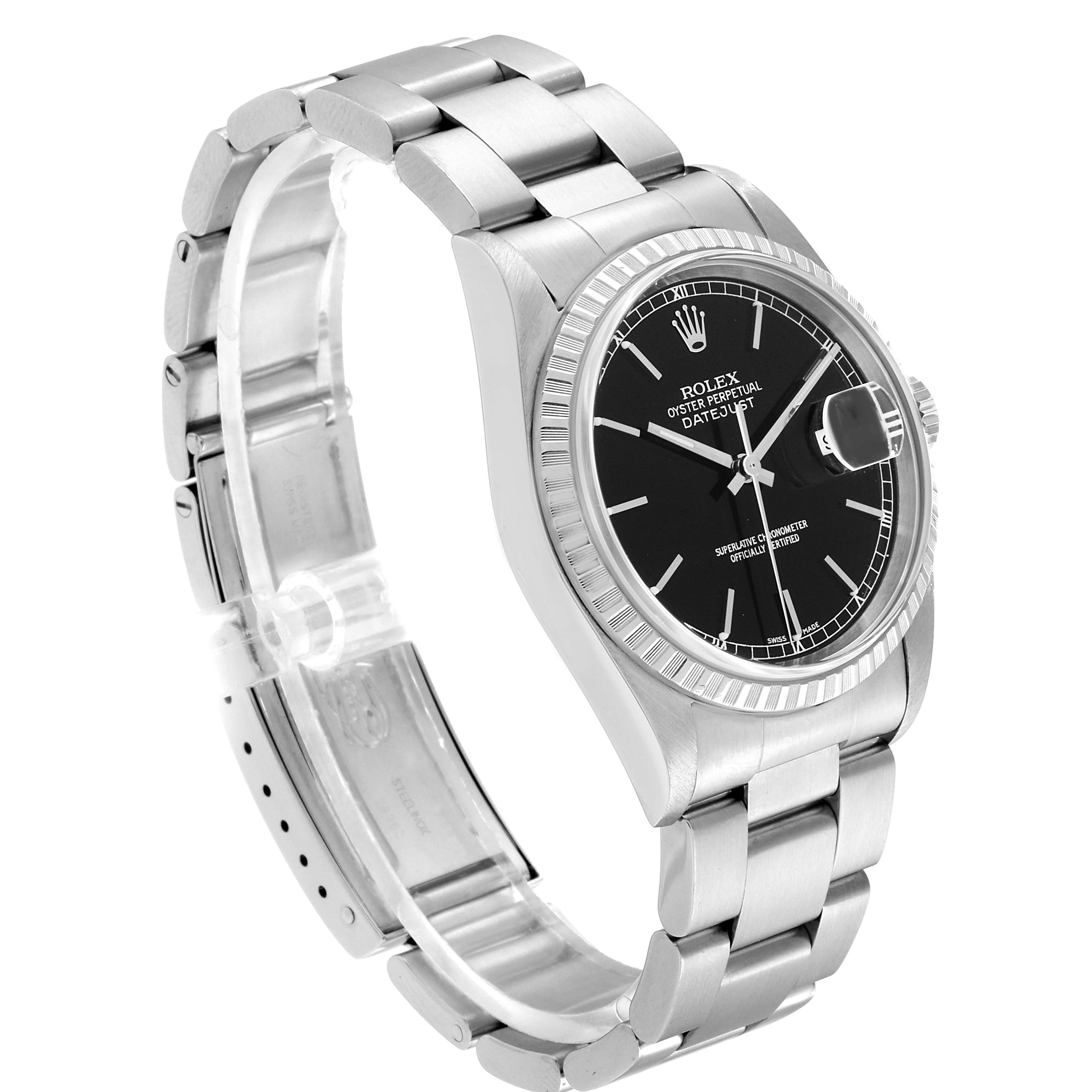 The image shows a side angle of a Rolex Datejust 16220 Men's Stainless Steel Black Dial 16220 Men's Stainless Steel Black Dial watch, highlighting the dial, bracelet, and clasp.