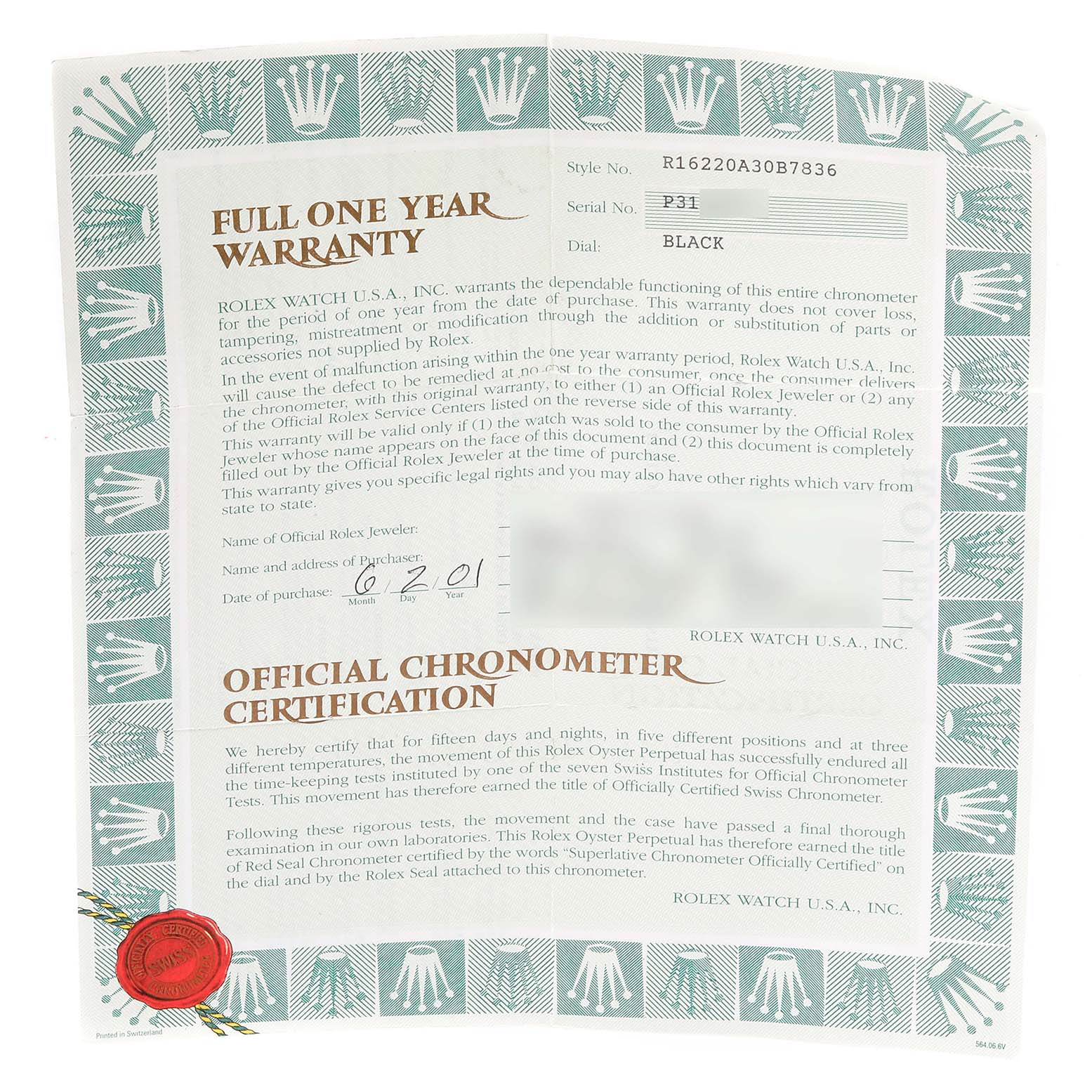 This image shows the warranty and official chronometer certification for a Rolex Datejust 16220 Men's Stainless Steel Black Dial 16220 Men's Stainless Steel Black Dial model.