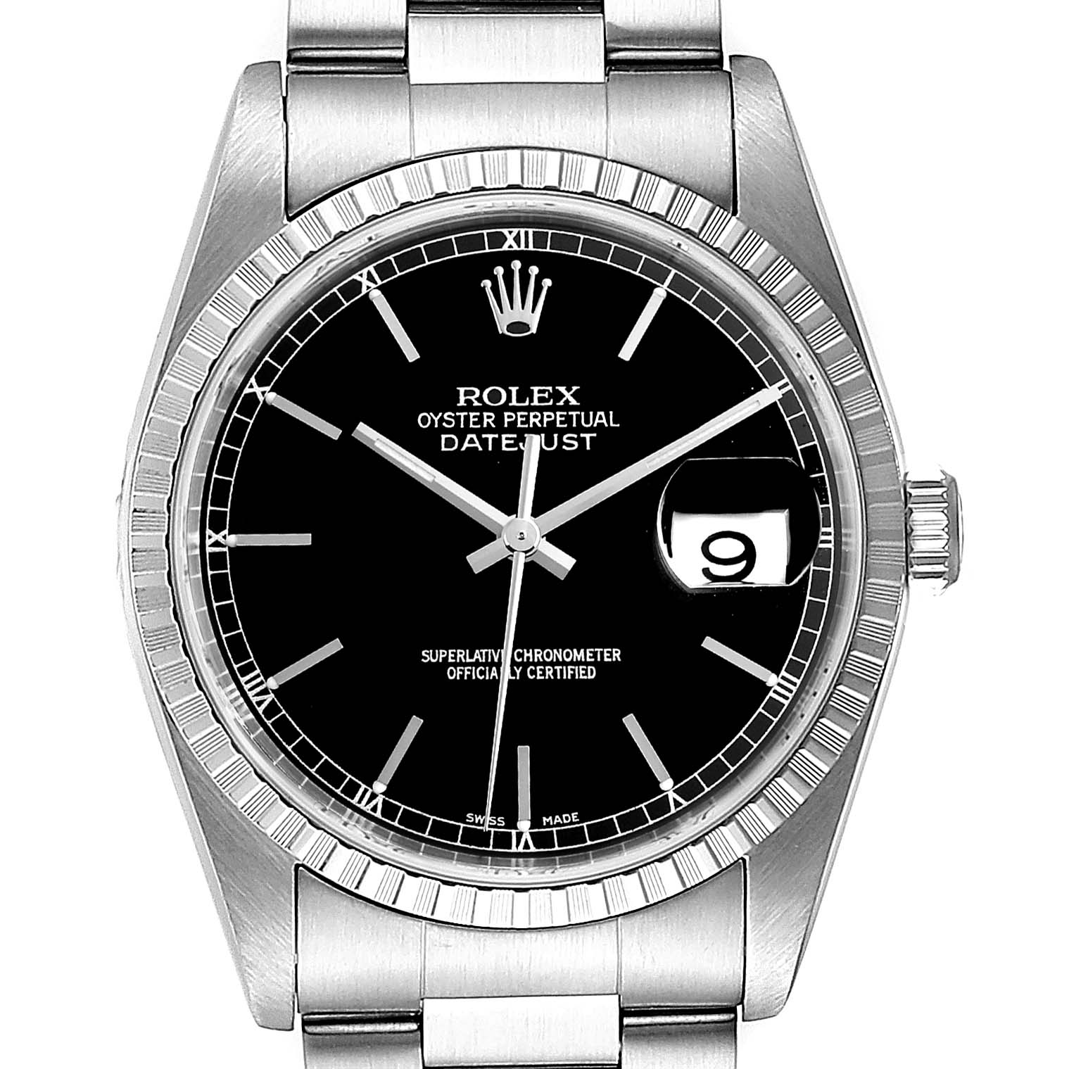 The image displays a front view of a Rolex Datejust 16220 Men's Stainless Steel Black Dial 16220 Men's Stainless Steel Black Dial watch showing the dial, bezel, crown, and part of the bracelet.