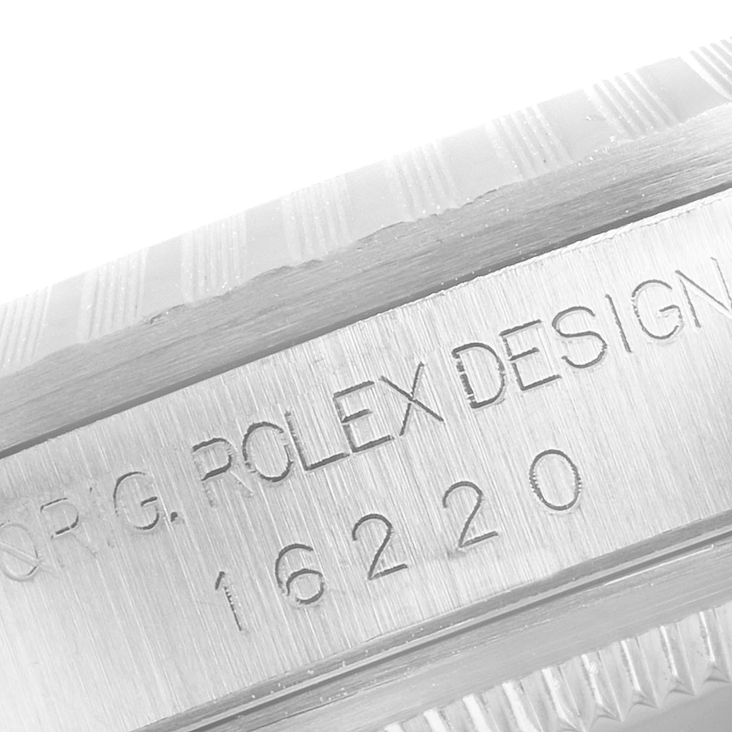 This image shows an engraved side view of the Rolex Datejust 16220 Men's Stainless Steel Black Dial 16220 Men's Stainless Steel Black Dial model, emphasizing the model number 16220 and "ORIG. ROLEX DESIGN" text.