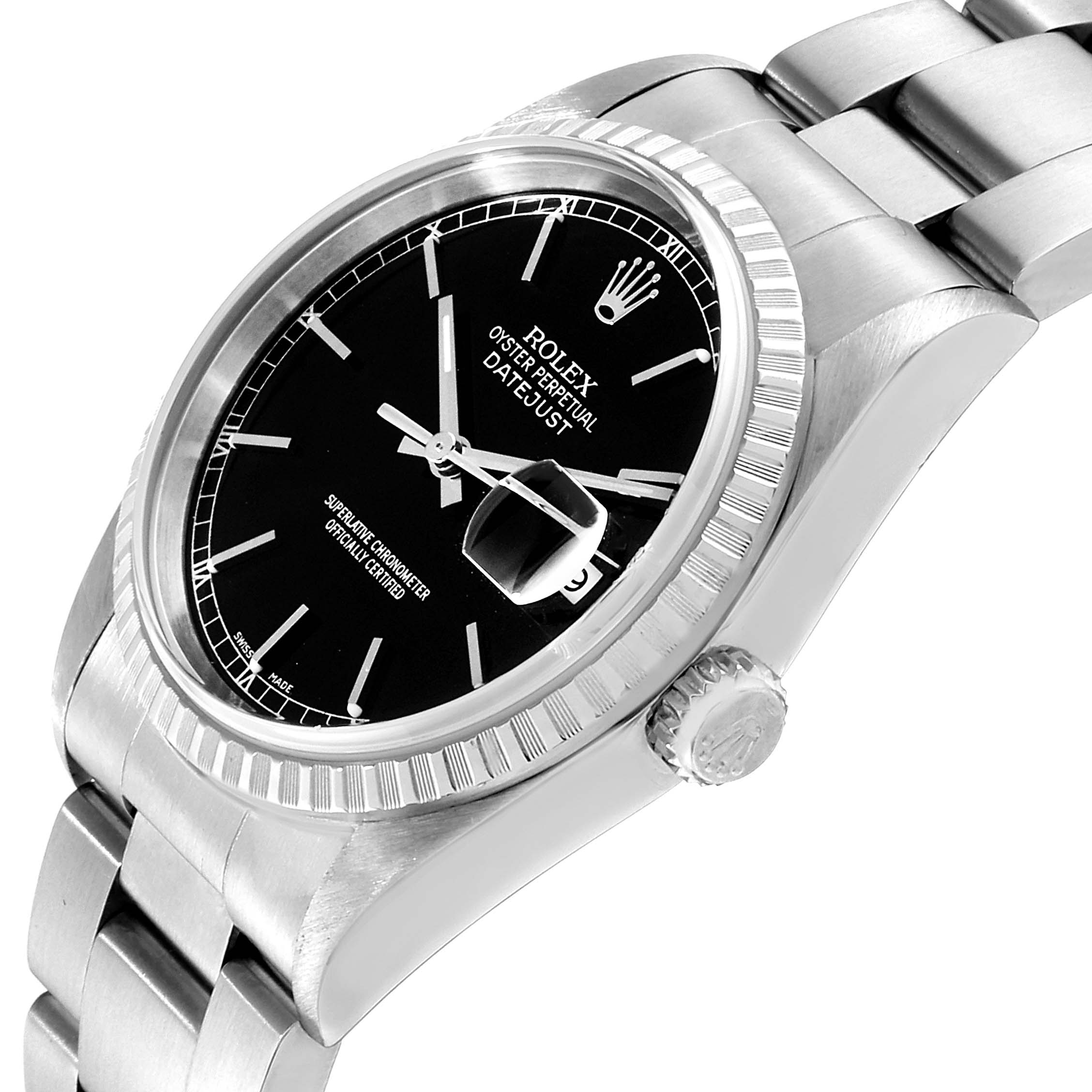 The image shows a side angle of the Rolex Datejust 16220 Men's Stainless Steel Black Dial 16220 Men's Stainless Steel Black Dial watch, highlighting the stainless steel bracelet, bezel, and black dial.