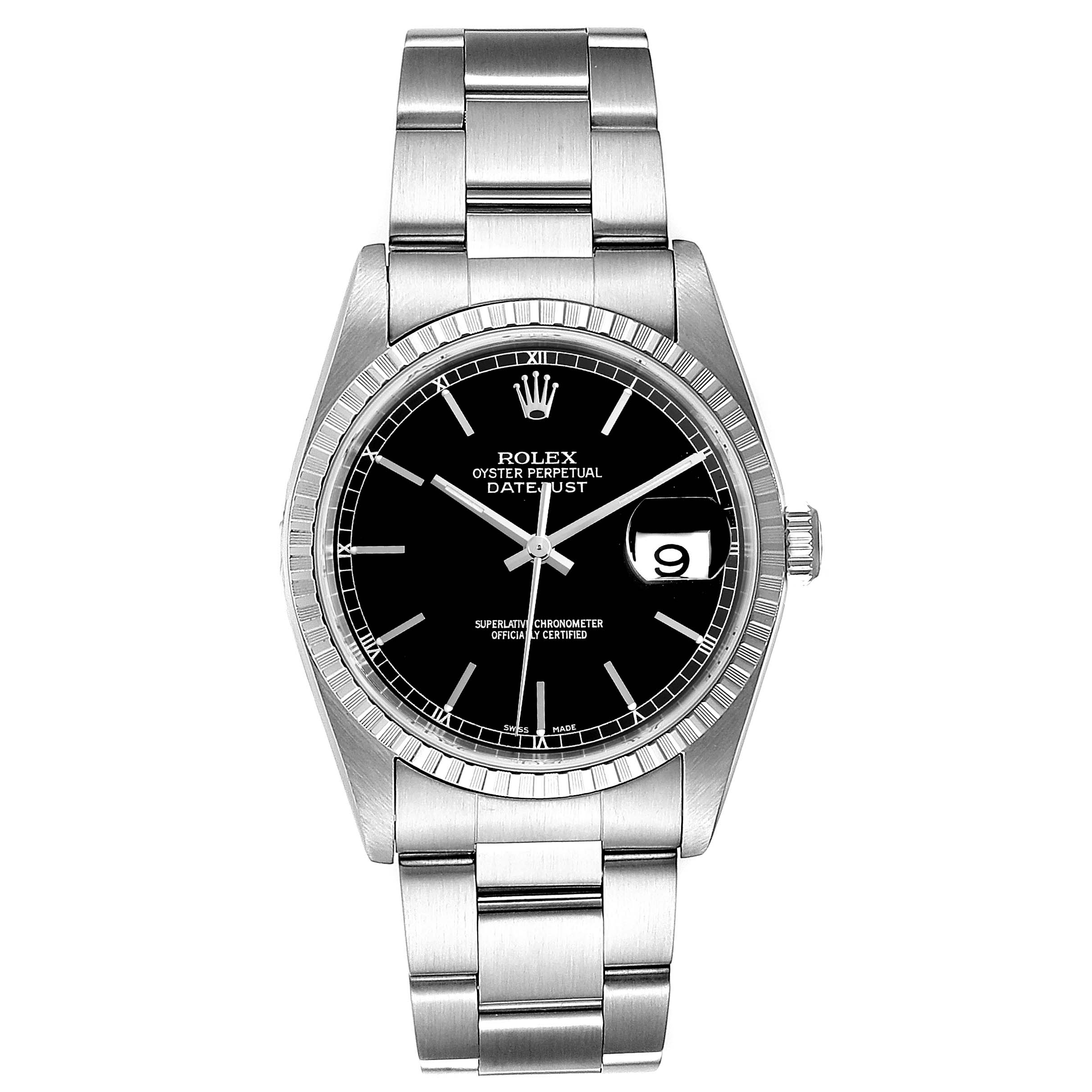 This image displays a front view of a Rolex Datejust 16220 Men's Stainless Steel Black Dial 16220 Men's Stainless Steel Black Dial watch, showing its face, bezel, and band.