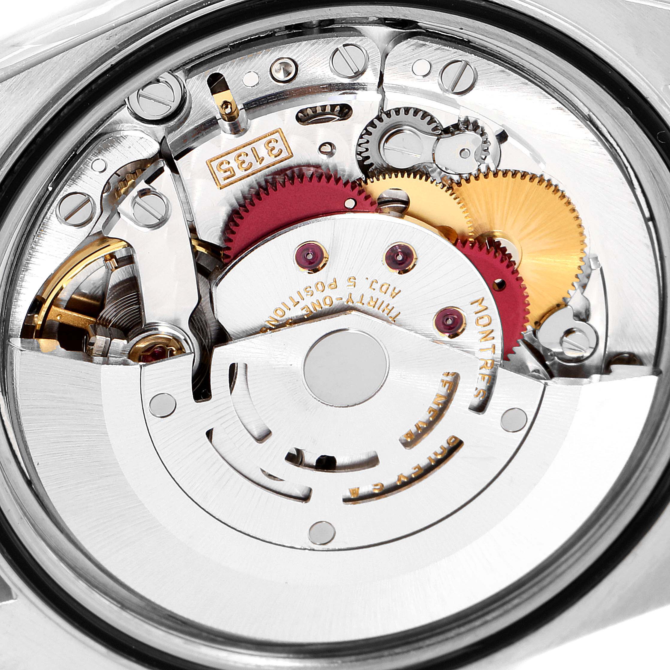 This image shows a close-up view of the movement inside a Rolex Datejust 16220 Men's Stainless Steel Black Dial 16220 Men's Stainless Steel Black Dial watch.